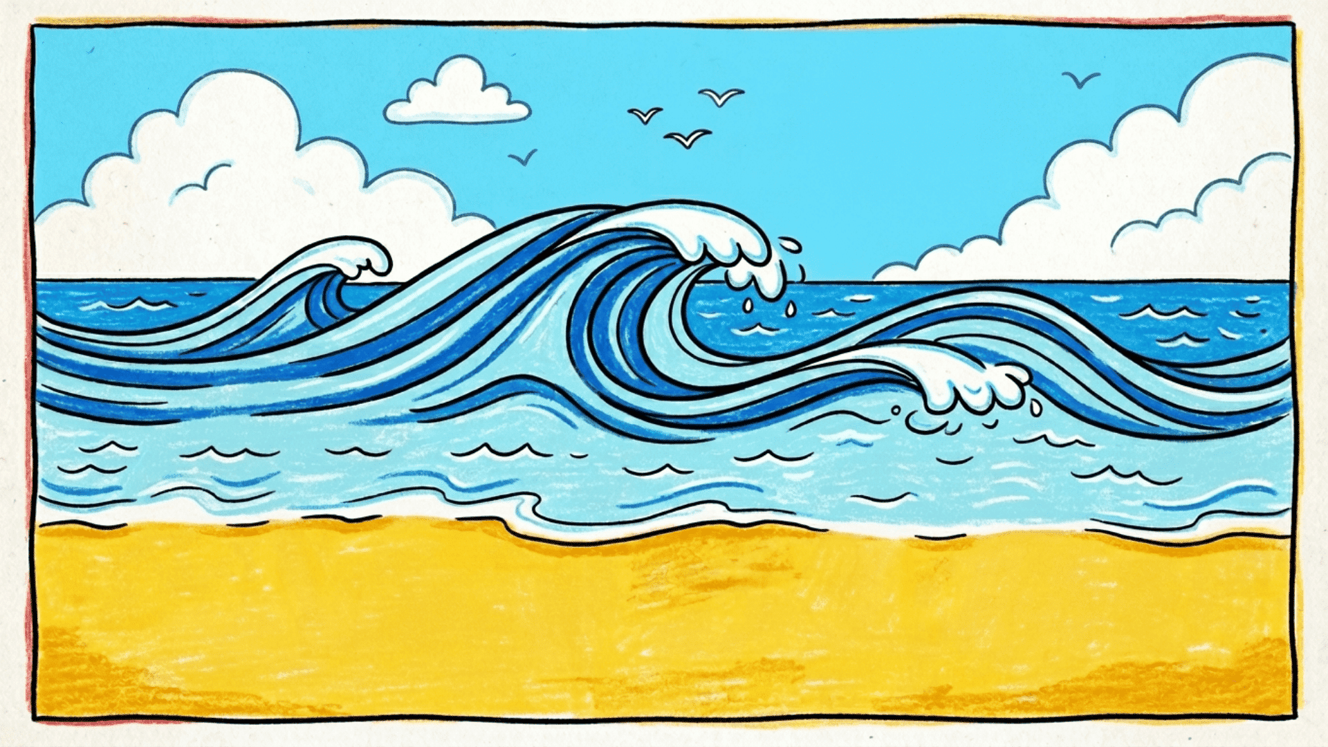simple beach shoreline kids drawing with bold blue waves and golden sandy shore painted on a white canvas for summer drawing ideas