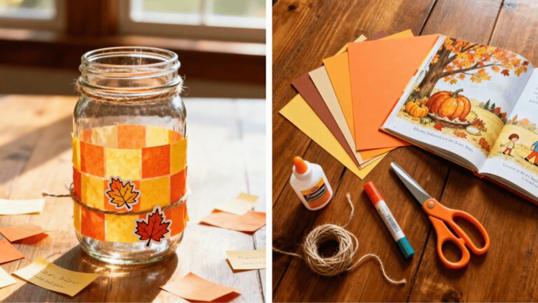 simple fall craft setup with mason jar lantern, colored paper, scissors, and glue for easy seasonal DIY projects