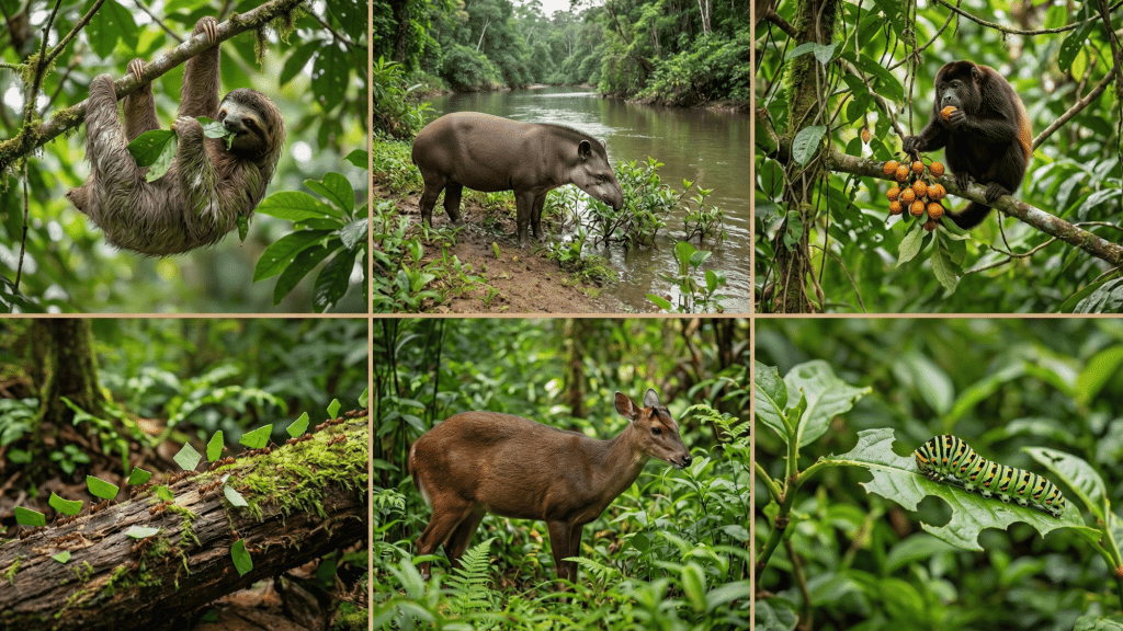 six panel collage of rainforest primary consumers including sloth, tapir, monkey, leafcutter ants, deer, and caterpillar feeding on plants
