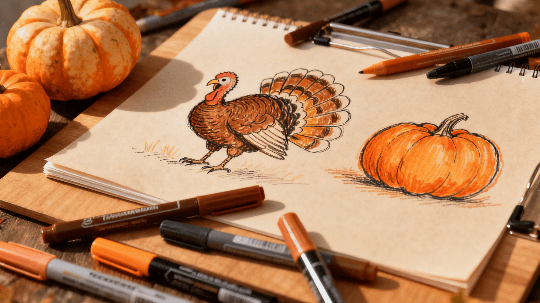 sketchbook with turkey and pumpkin drawings, markers scattered, creating a fun thanksgiving art activity setup