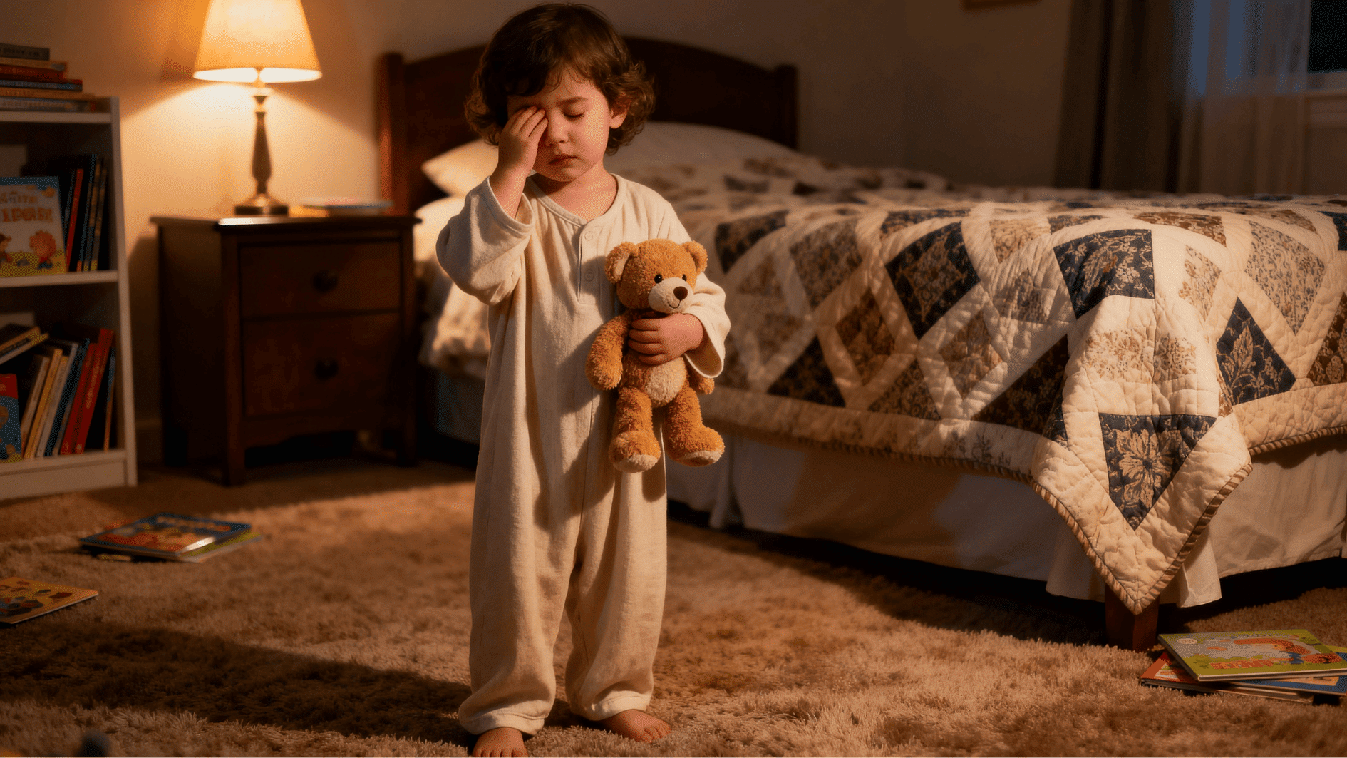 sleepy toddler holding teddy bear rubbing eyes in cozy bedroom at night, bedtime routine with soft lighting and warm atmosphere