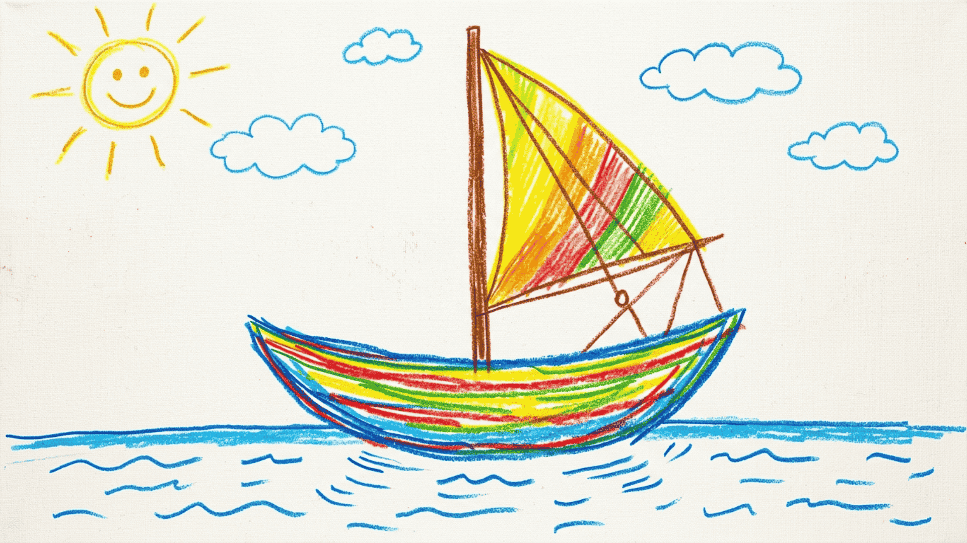 small boat on calm sea kids drawing with bold curved hull bright triangular sail and flat ripple lines painted on a white canvas for how to draw summer