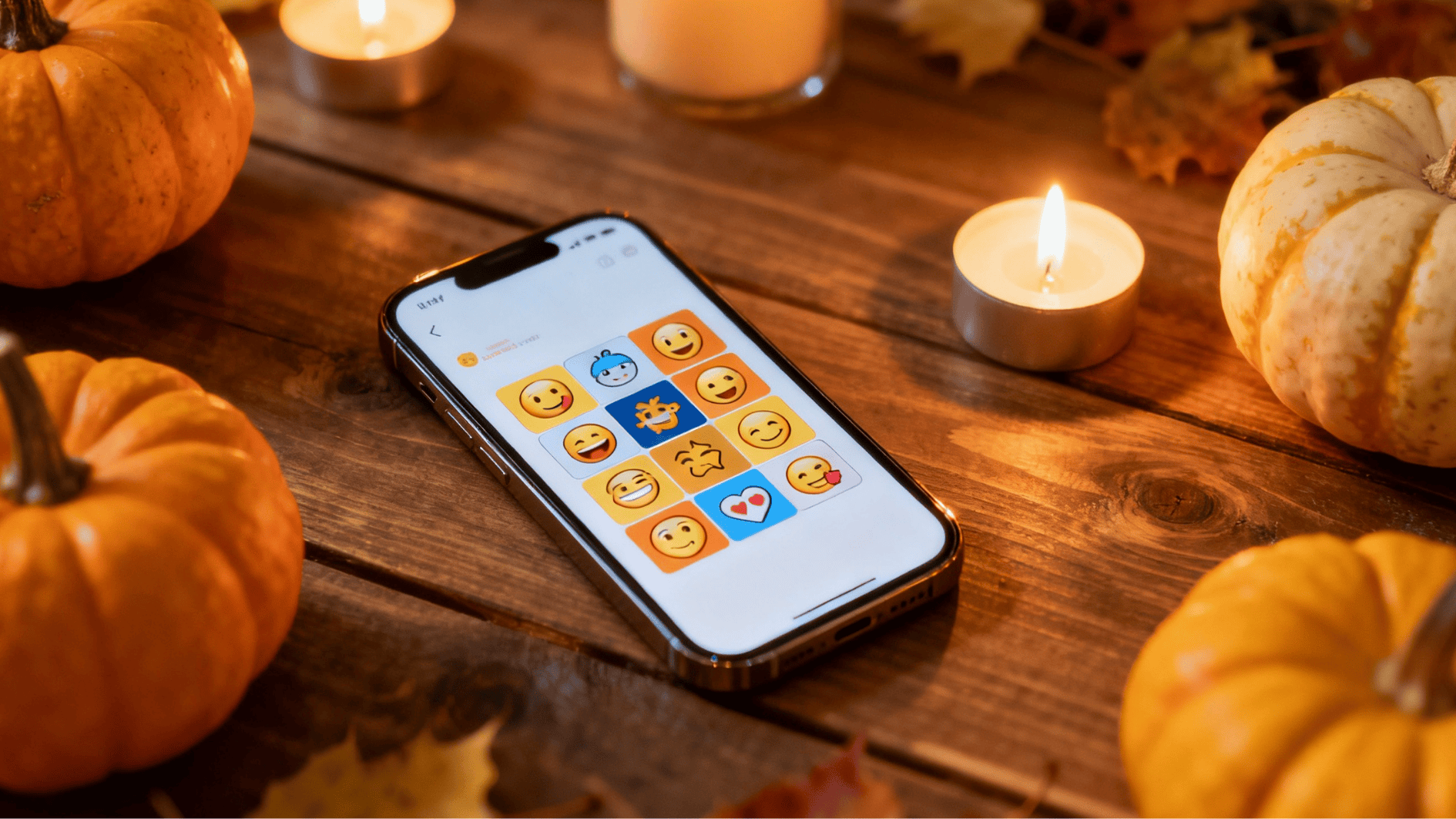 smartphone displaying emoji game on wooden table with candles and pumpkins, suggesting a modern thanksgiving activity