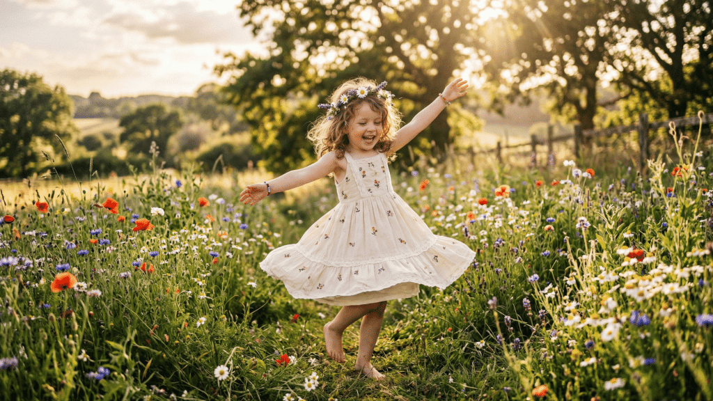 soft background, cute child and sun icon, clean modern look