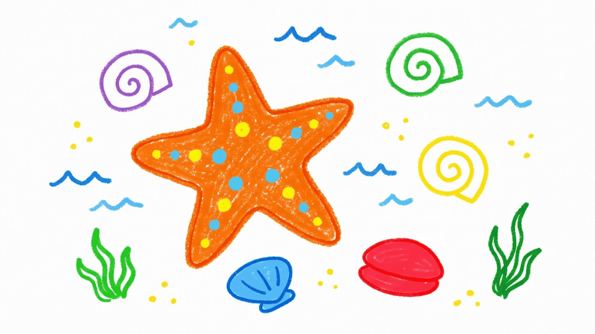 starfish and shells kids drawing with bright orange starfish bold spiral shells and flat colors painted on a white canvas for summer drawing ideas