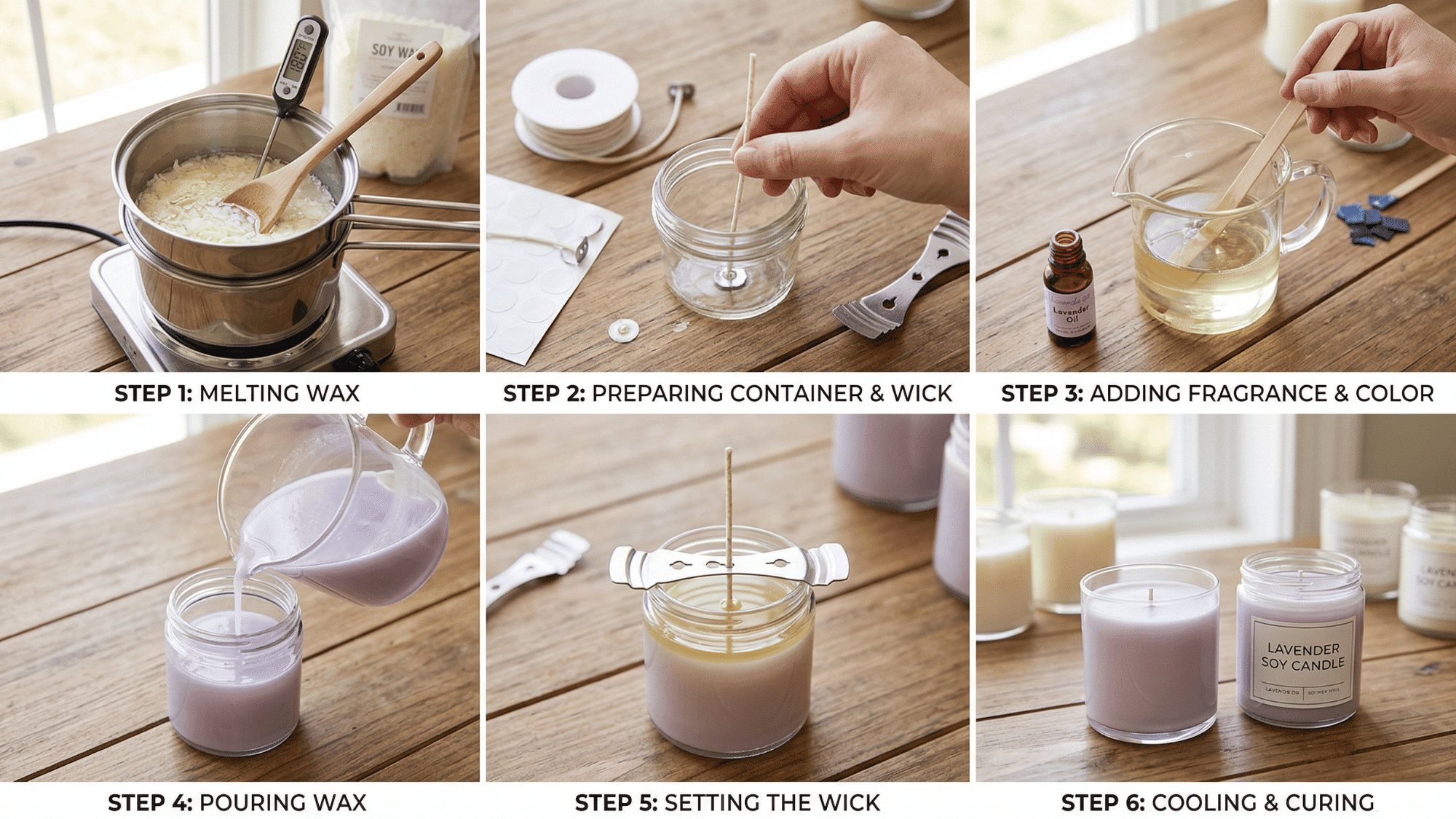 step by step diy candle making collage showing melting wax, adding fragrance, pouring into jars and curing candles