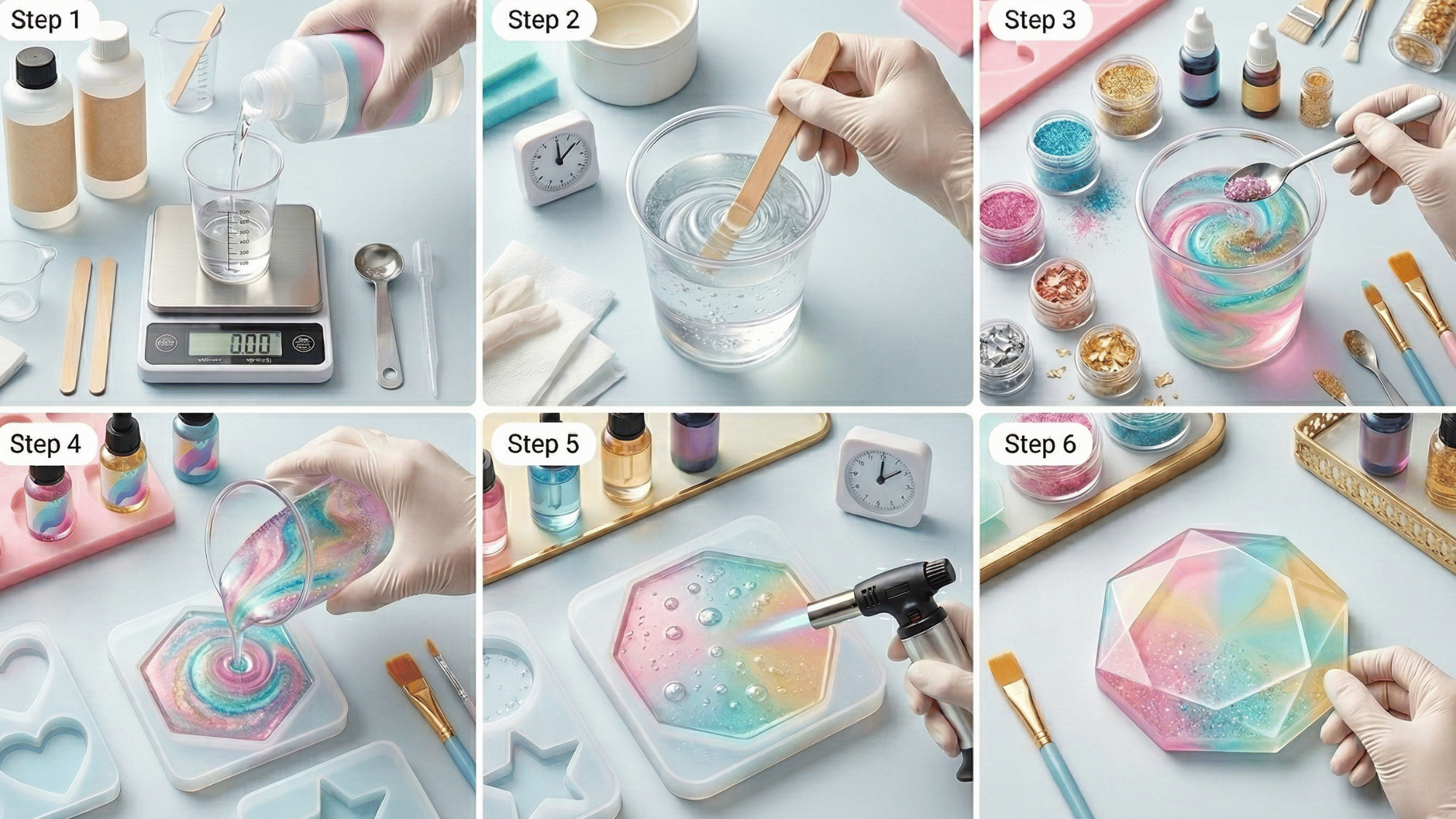 step by step resin crafting process showing measuring, mixing, adding decorations, pouring into molds, removing bubbles, and curing the resin