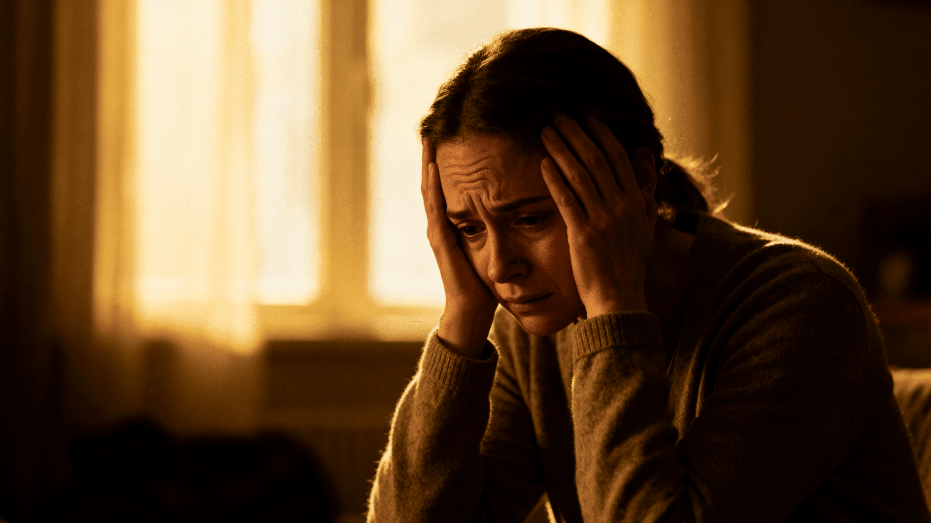 stressed woman holds her head in warm light, worried expression suggesting anxiety or emotional distress at home