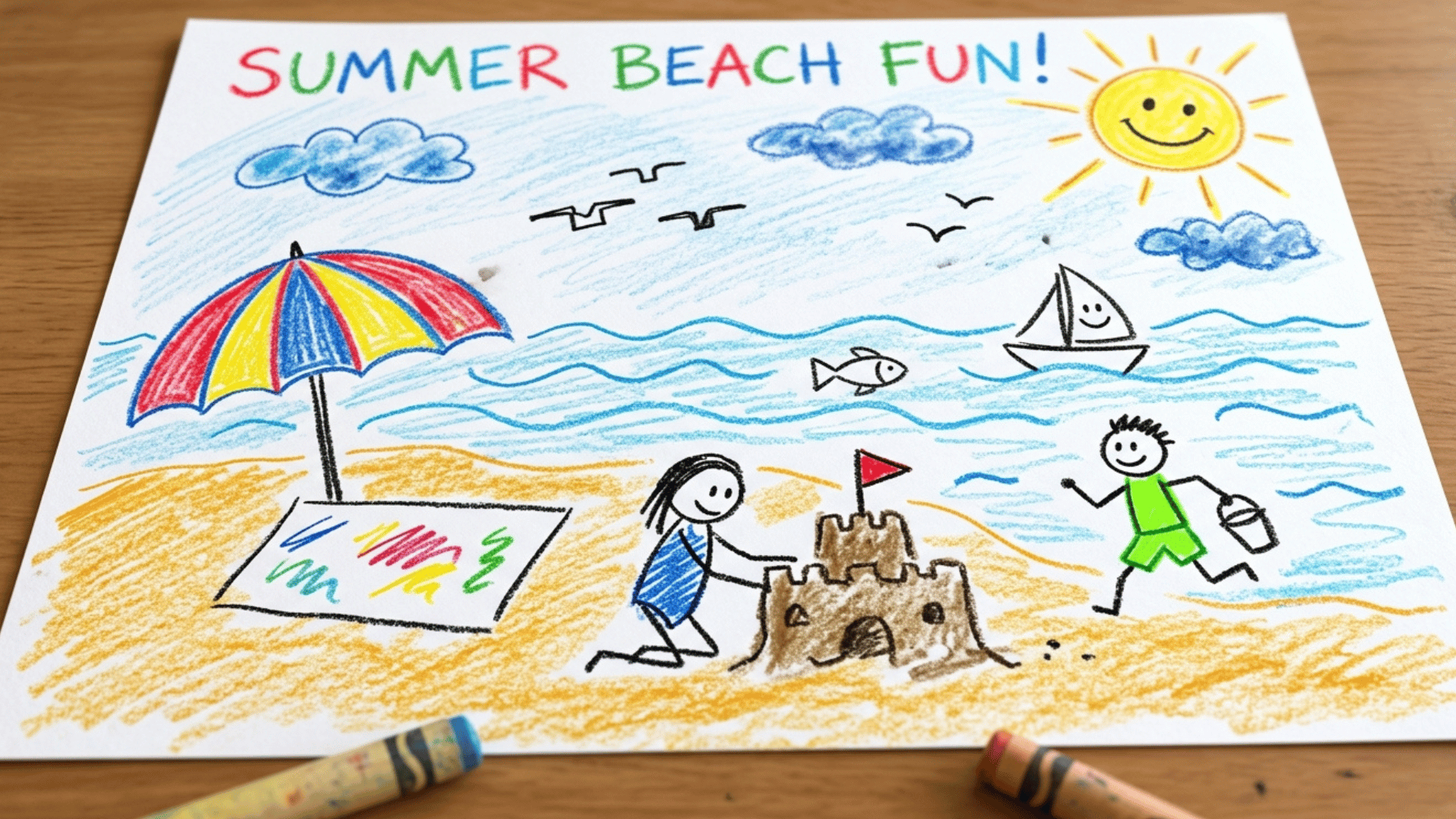 summer beach drawing with umbrella, sand, sun, and sea scene.