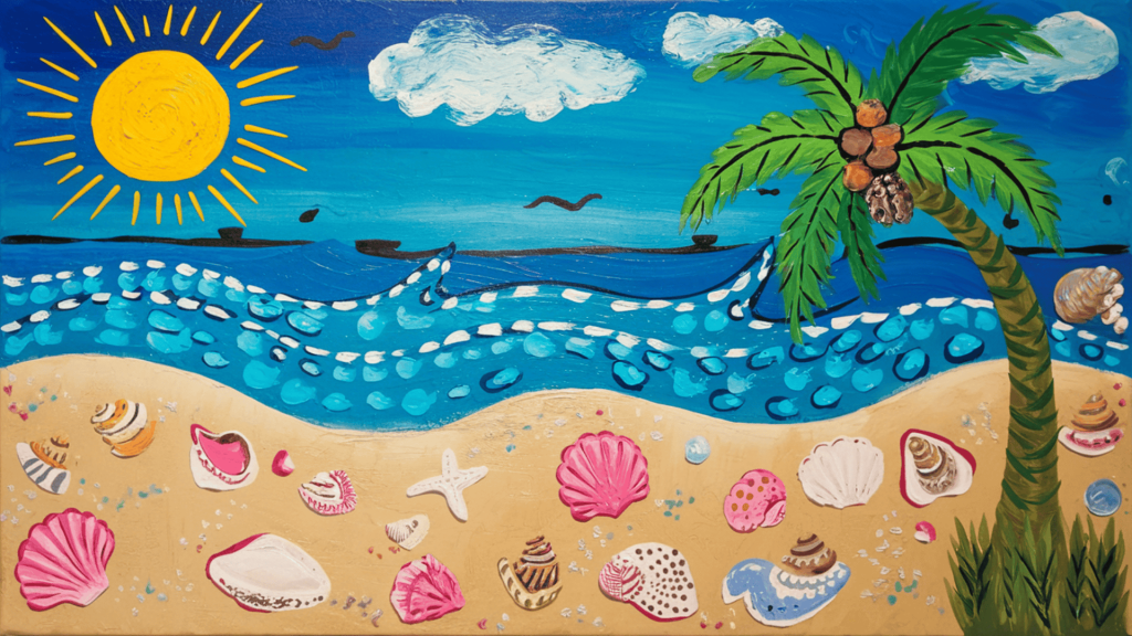 summer drawing ideas for kids featuring a colorful beach scene with waves palm tree seashells and bright sun painted on a white canvas