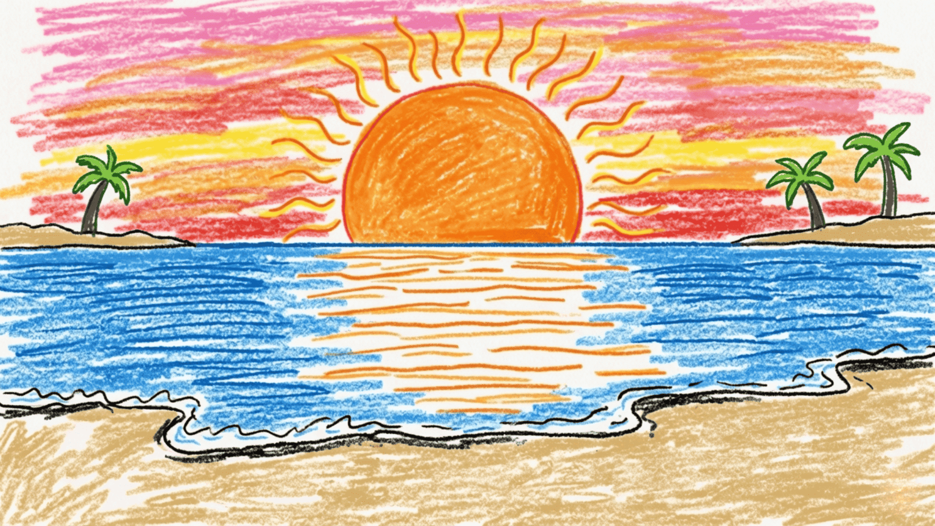 sunset over ocean water kids beach drawing with orange sun pink sky and simple reflection lines painted on a white canvas for beginners