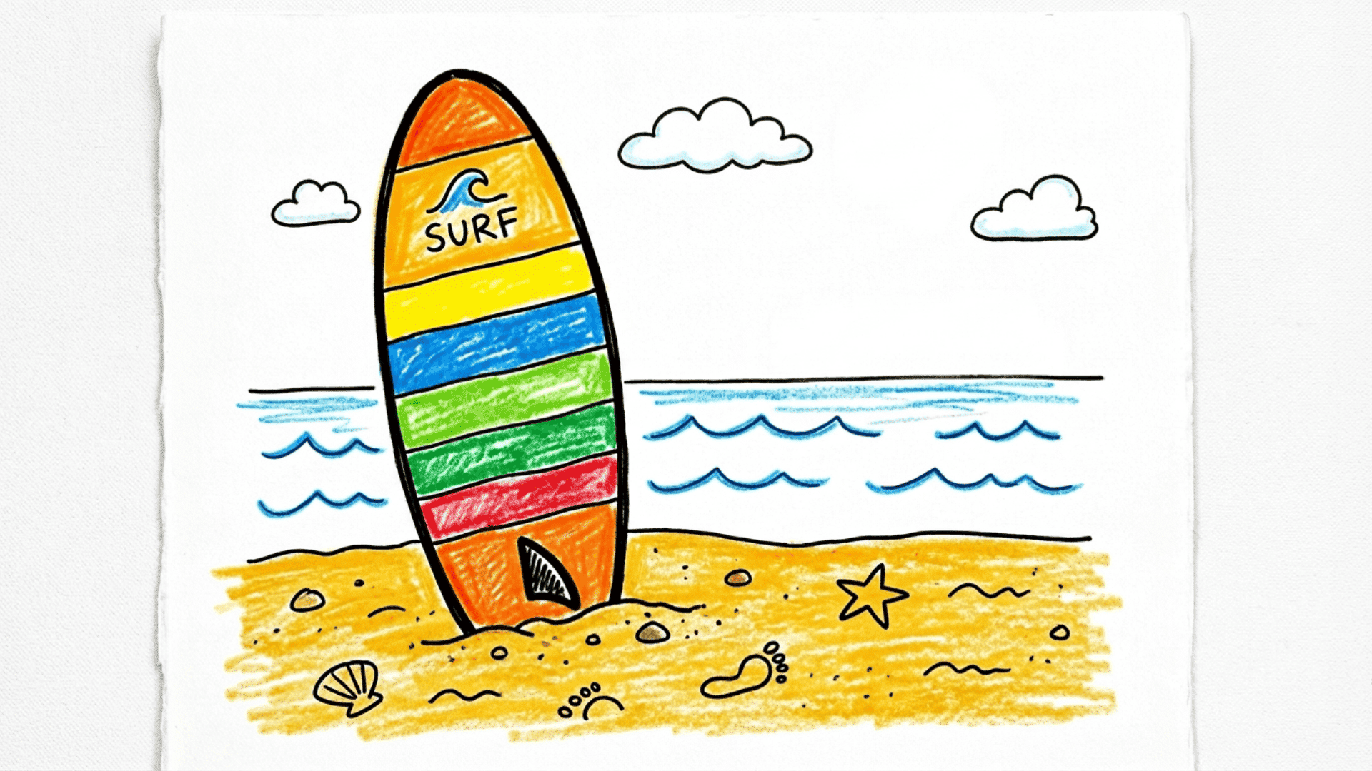 surfboard in sand kids drawing with bold stripe pattern small triangle fin and thick outlines painted on a white canvas for summer drawing ideas