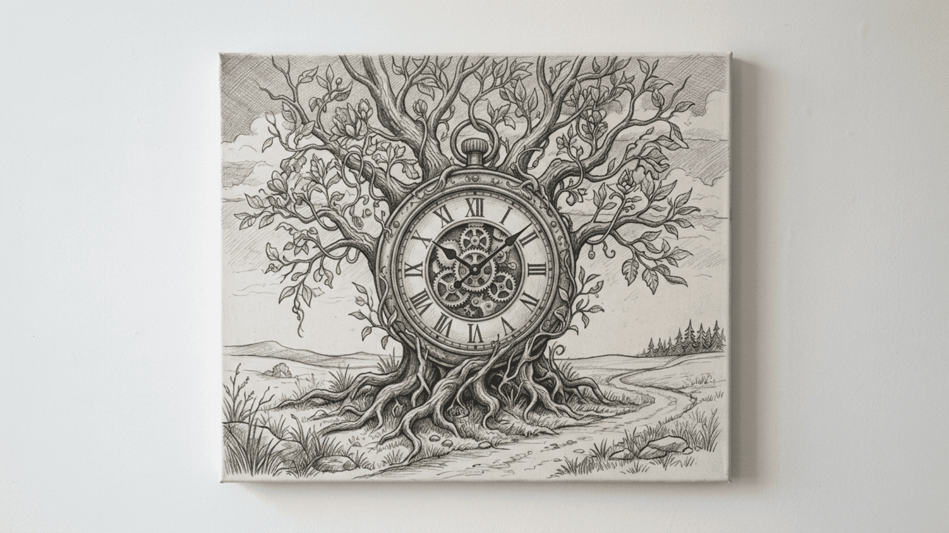 surreal object mashup drawing on a front facing canvas of a clock with tree branches and roots in a minimal setting