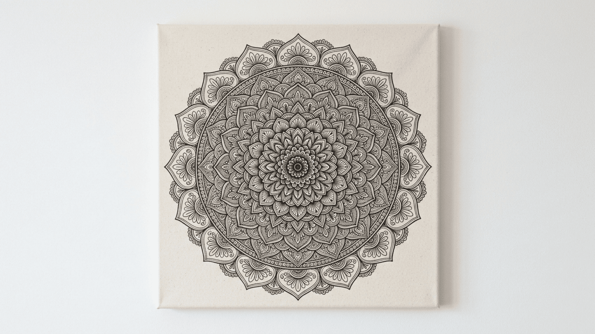 symmetrical mandala ink design on a front facing canvas with intricate repeating geometric and floral patterns