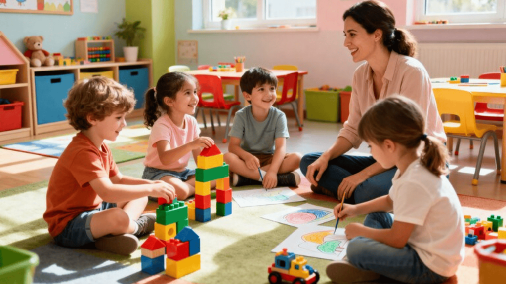 teacher and young children playing with blocks and drawing together in a colorful classroom, encouraging creativity and early learning