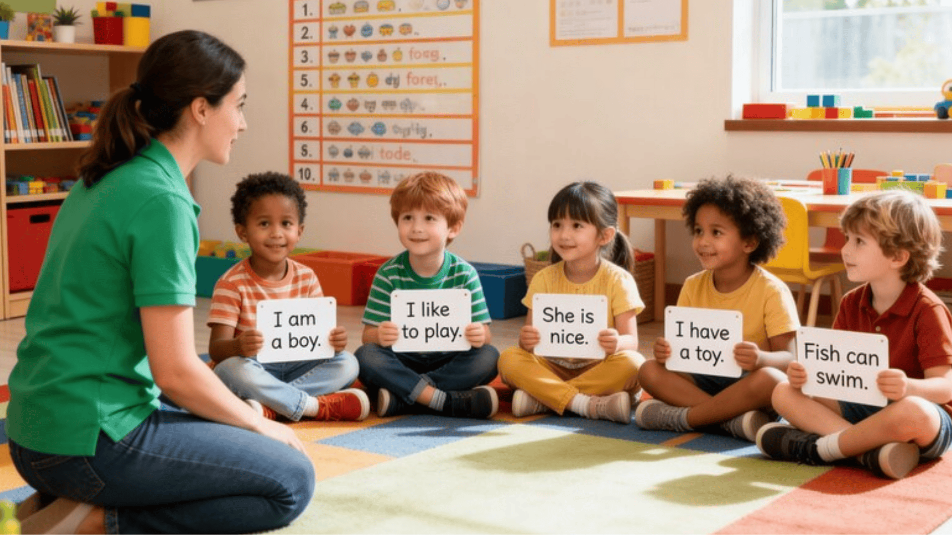 teacher guiding young children holding sentence cards during classroom activity focused on early reading and language development skills