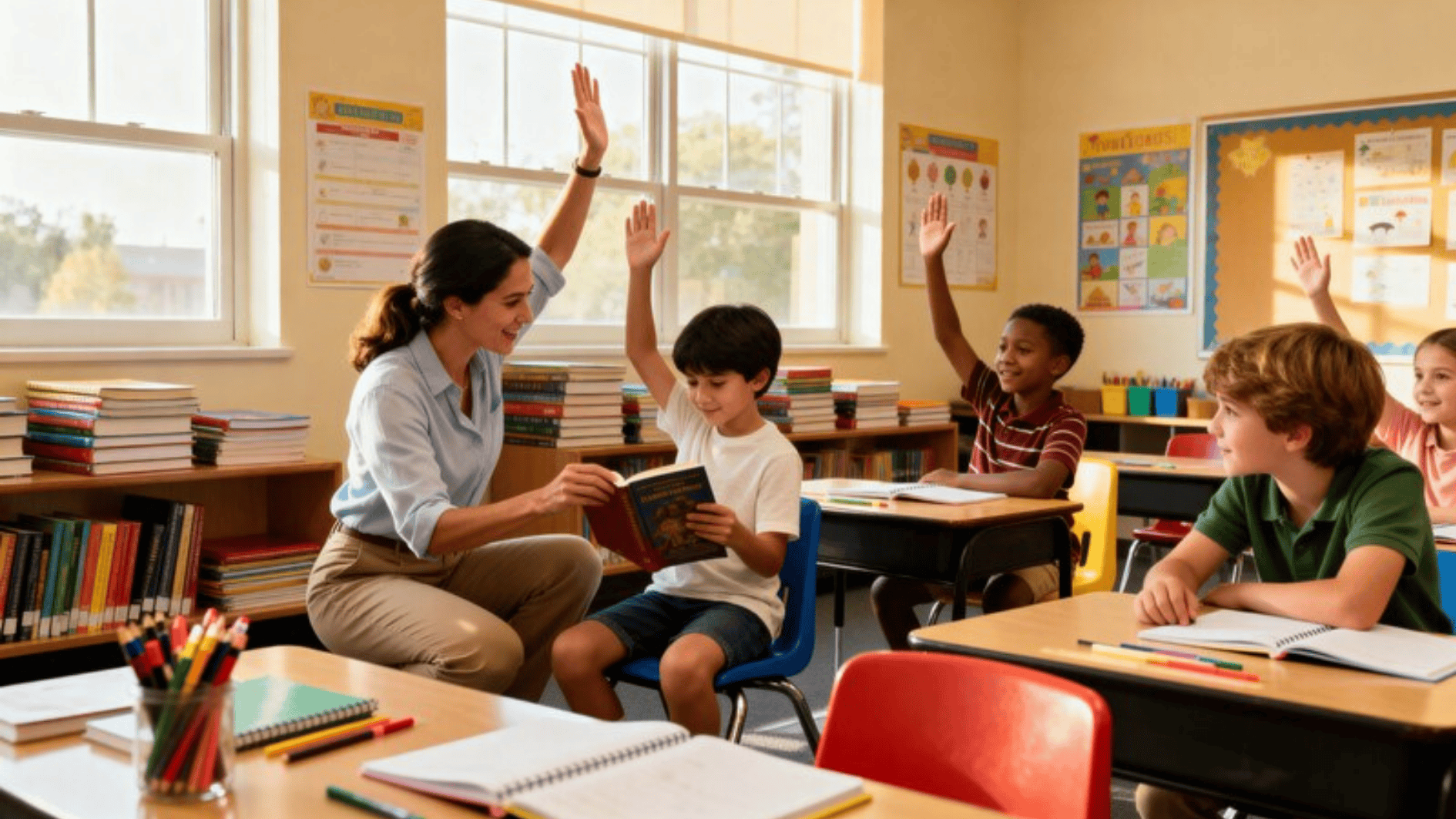 teacher reading to students in classroom with kids raising hands, promoting engagement, learning, and active participation in school