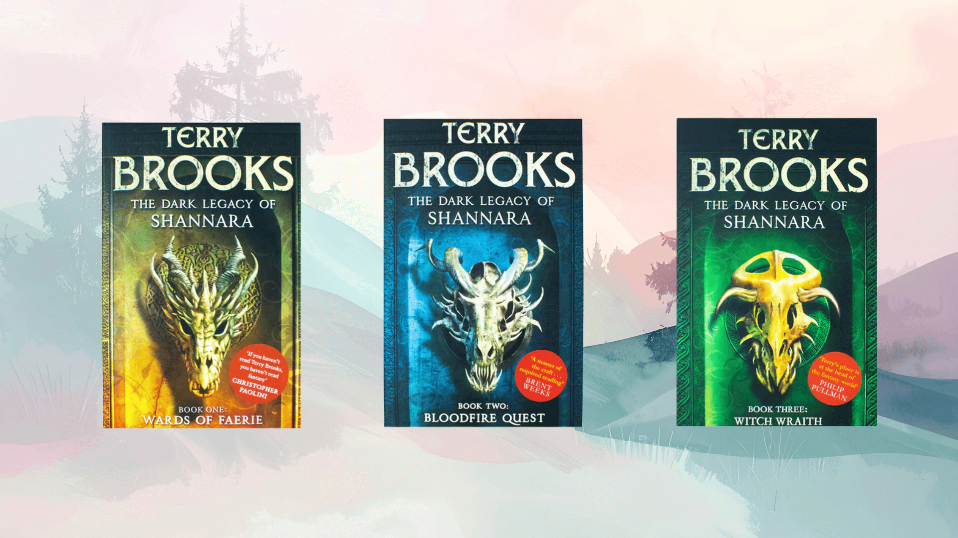 terry brooks dark legacy of shannara trilogy covers with skull and dragon motifs in green, blue, and gold tones