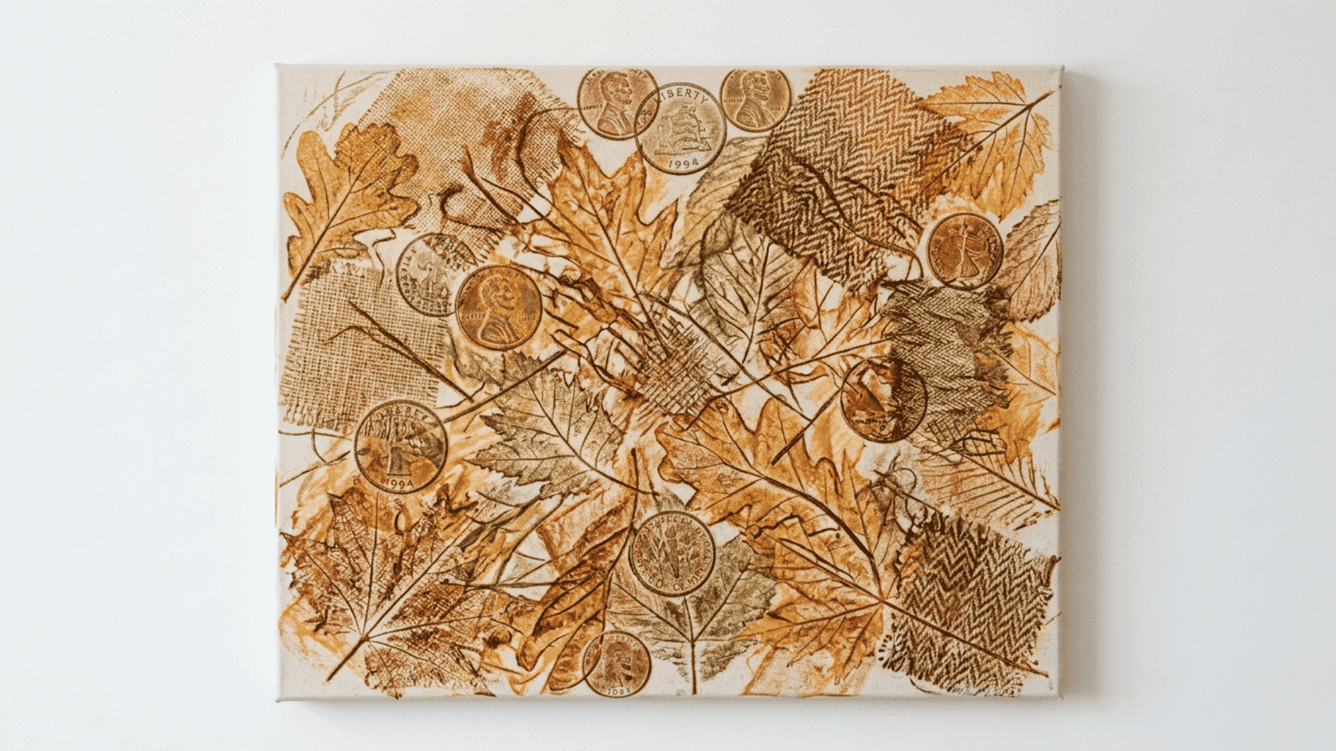 texture rubbing composition on a front facing canvas with overlapping crayon rubbings of coins leaves and fabric