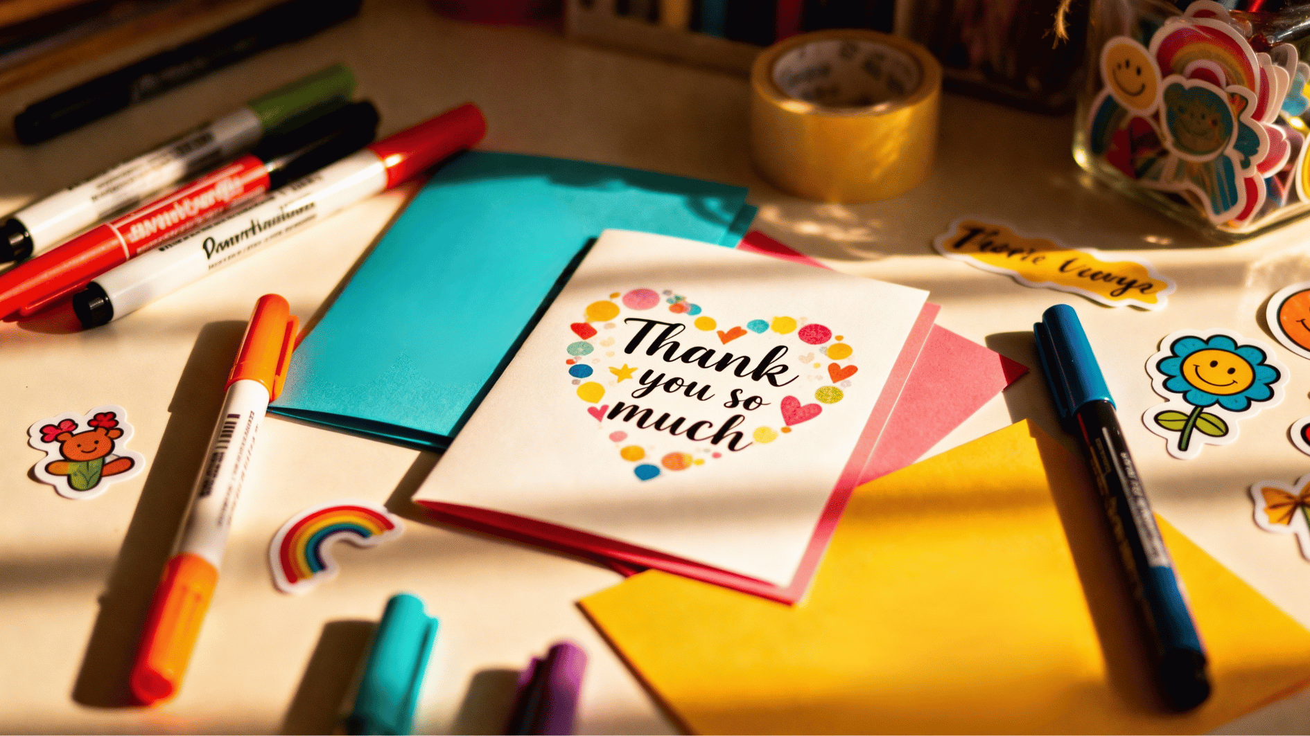thank you card with colorful markers, envelopes, and stickers spread across a creative workspace in warm lighting