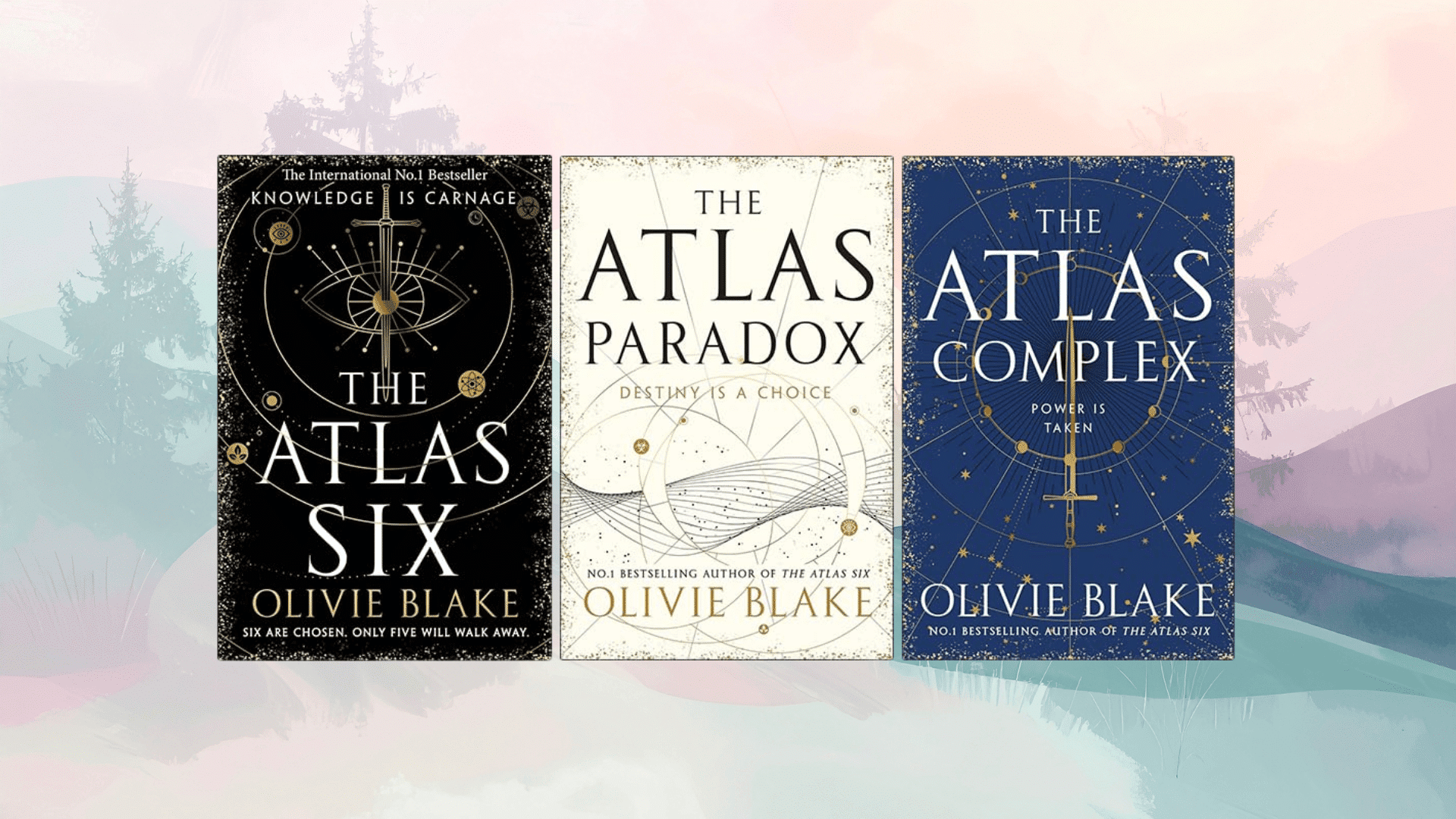 the atlas trilogy by olivie blake with minimalist celestial designs, symbols, and a central sword motif