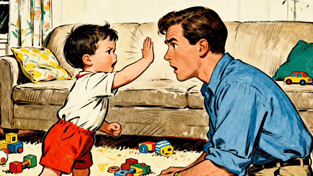 toddler raises hand to hit father during tense moment, while father leans forward reacting, surrounded by toys in living room