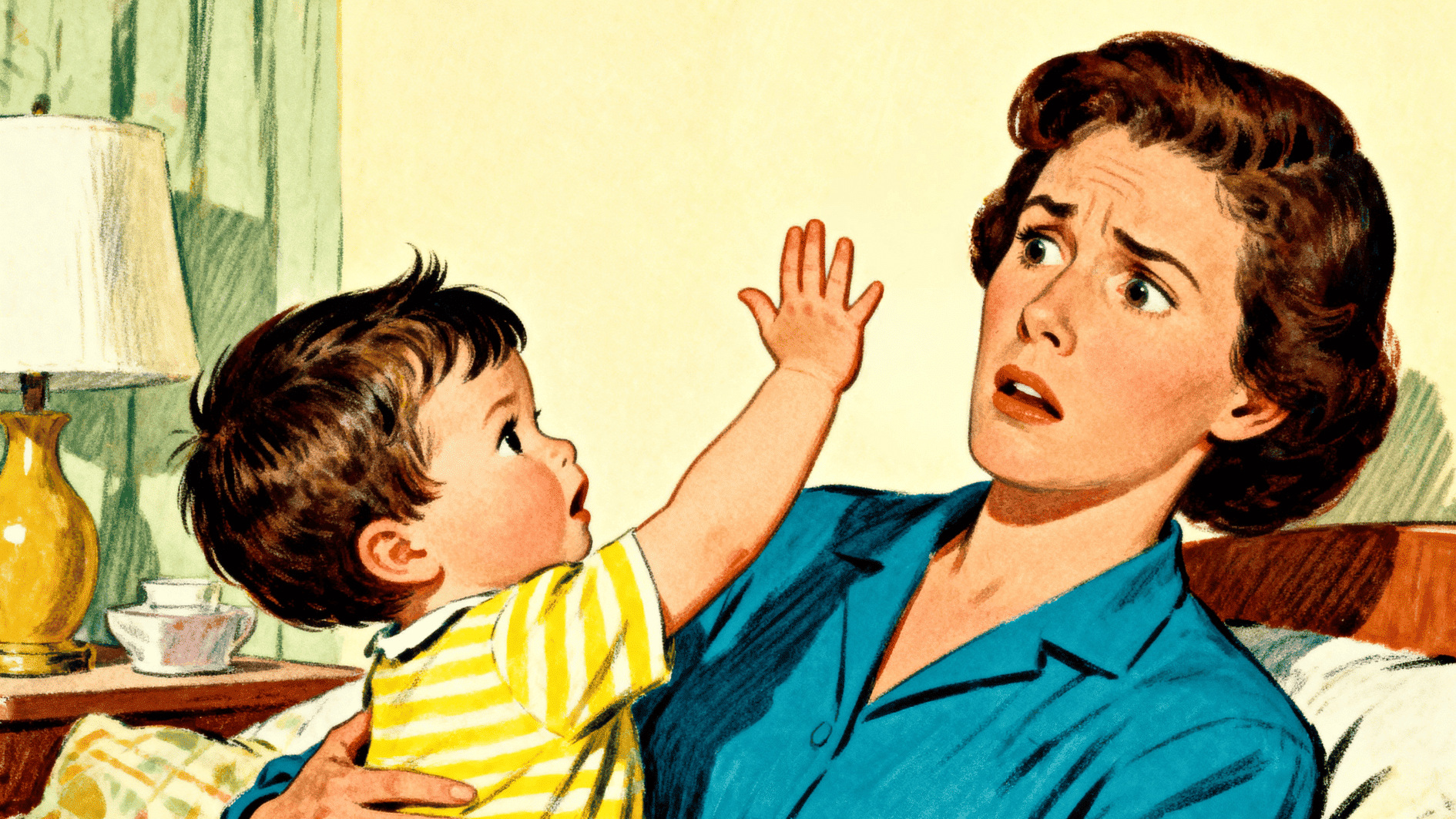 toddler reaches up and hits surprised mother’s face while she holds him, showing a challenging parenting moment at home