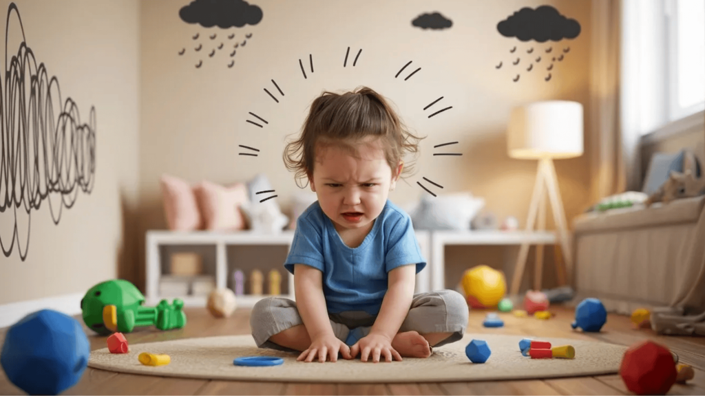 toddler sitting on floor with toys, looking upset, with playful doodles showing frustration in a cozy room