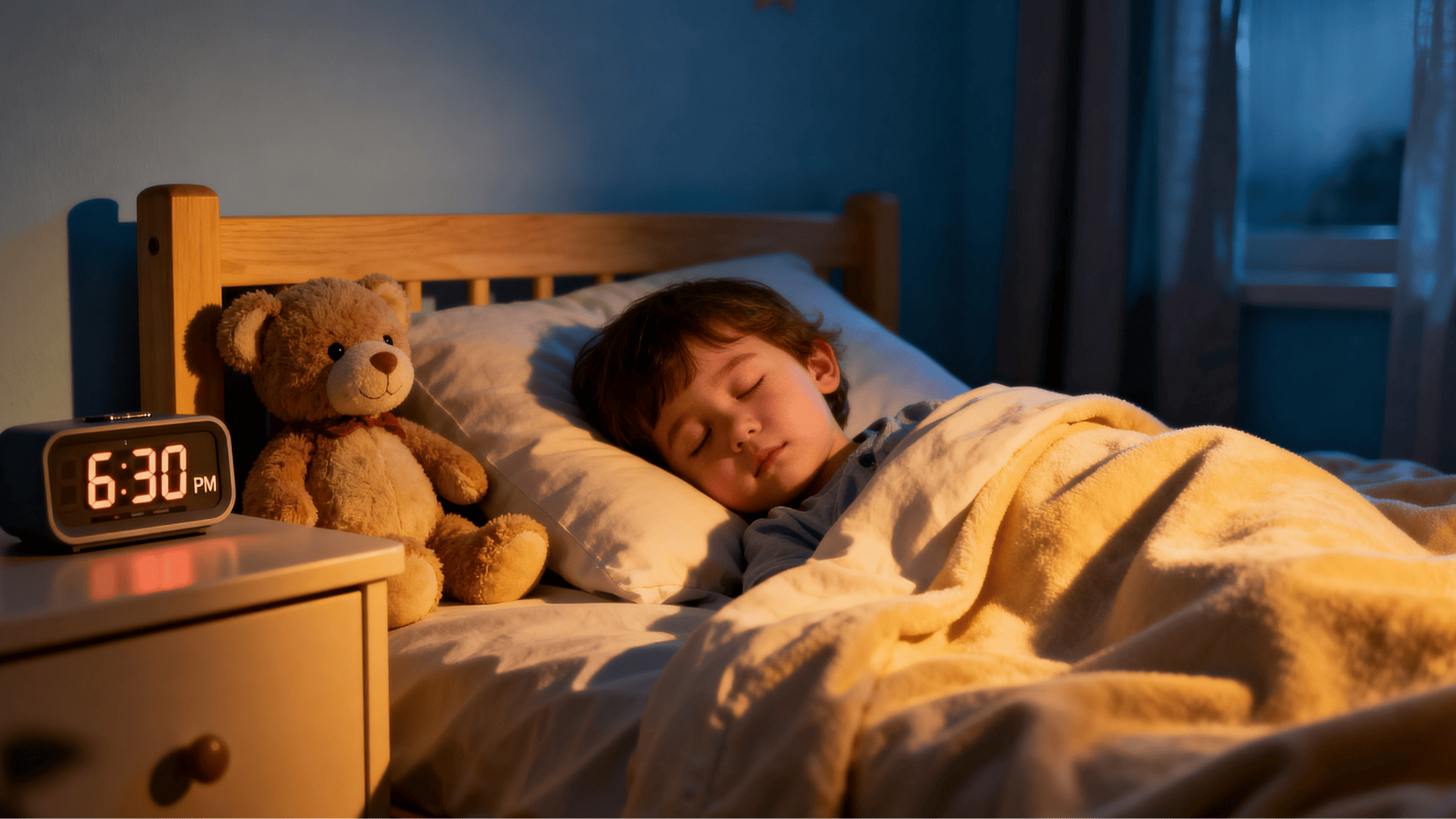 toddler sleeping peacefully in bed beside a teddy bear and digital clock showing 630pm in a cozy bedroom