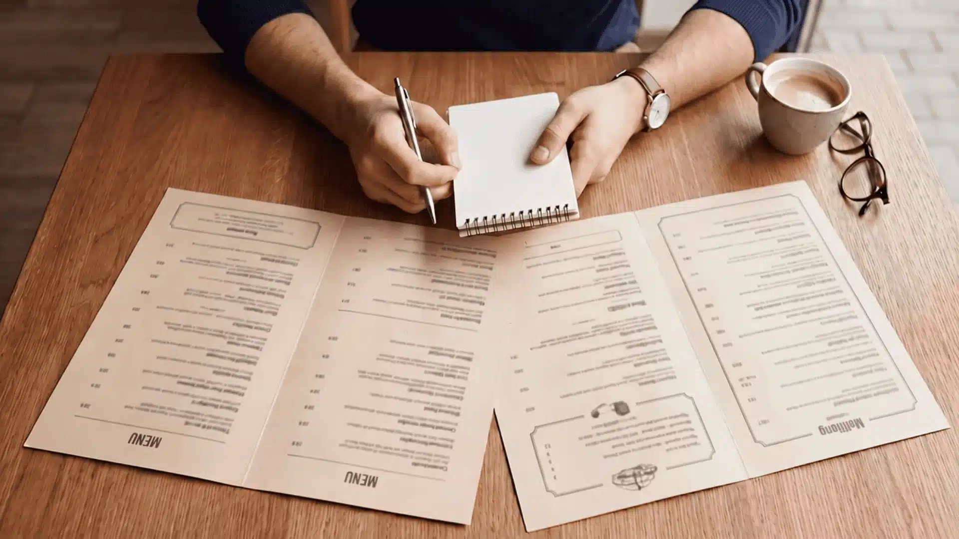 Top-down view of two restaurant menus placed side by side on a table