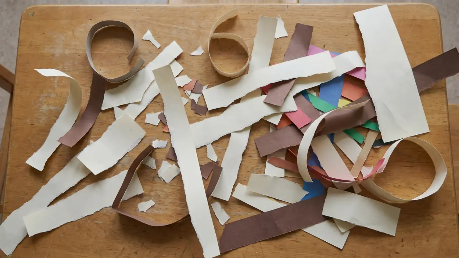 Torn paper strips and small paper pieces with uneven edges on a table