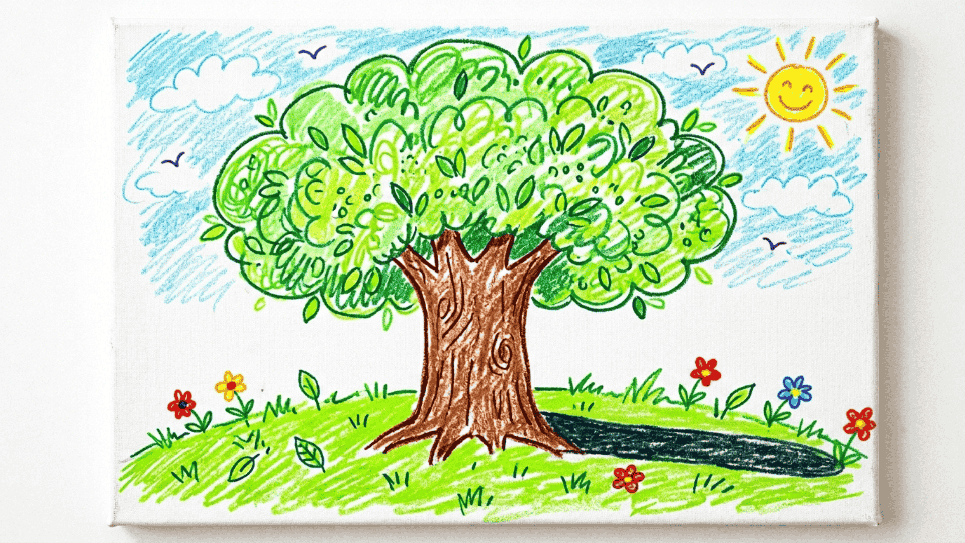 tree casting shadow on grass kids drawing with wide green canopy and flat elongated shadow painted on a white canvas for how to draw summer