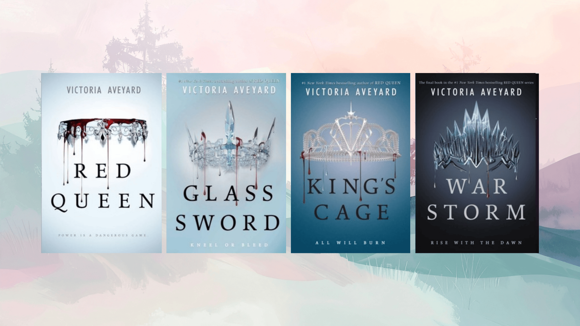 victoria aveyard red queen series books glass sword, king’s cage, and war storm with crown designs and dramatic tones