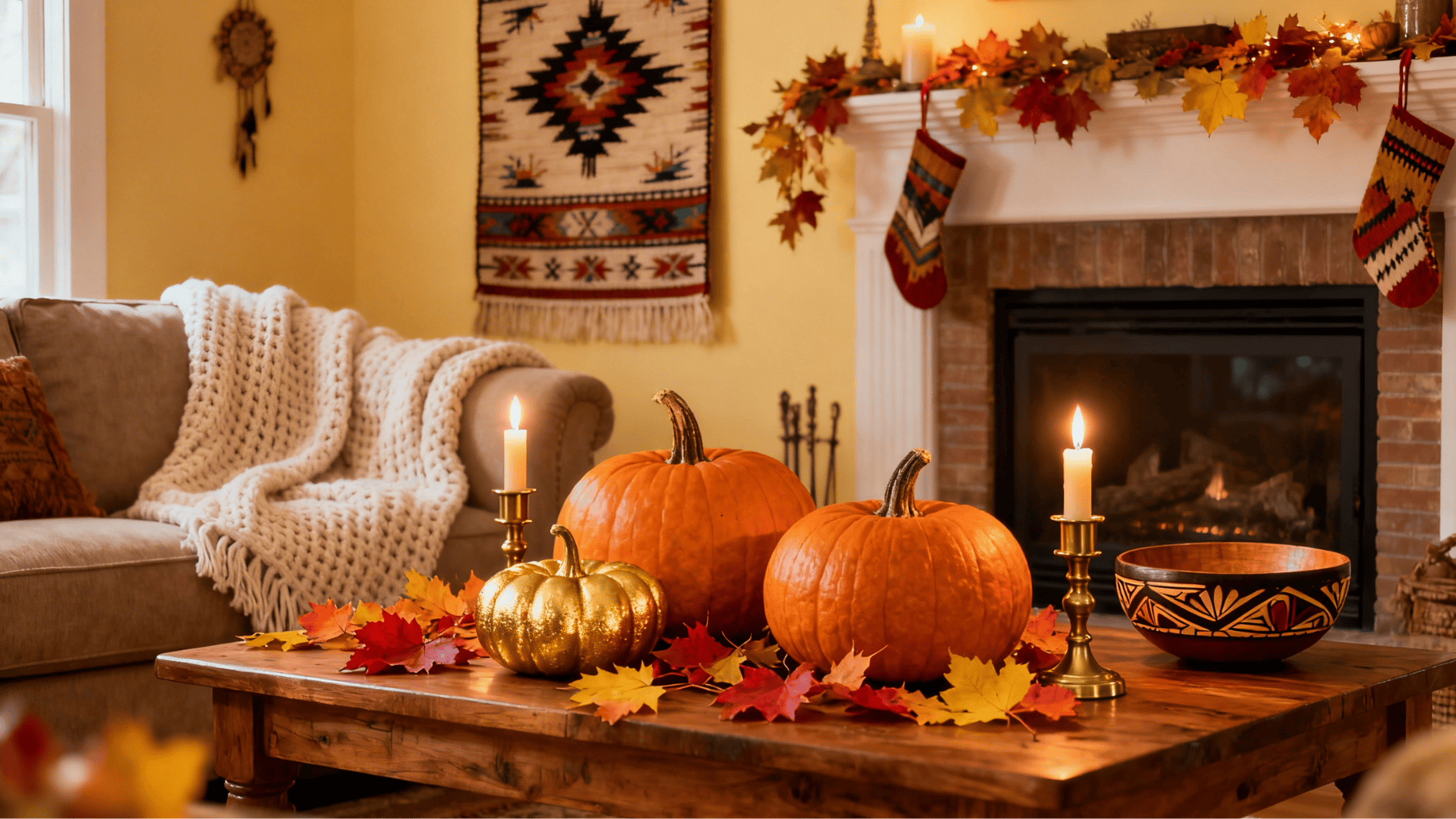 warm living room with fireplace, pumpkins, candles, and autumn décor, creating a cozy thanksgiving atmosphere