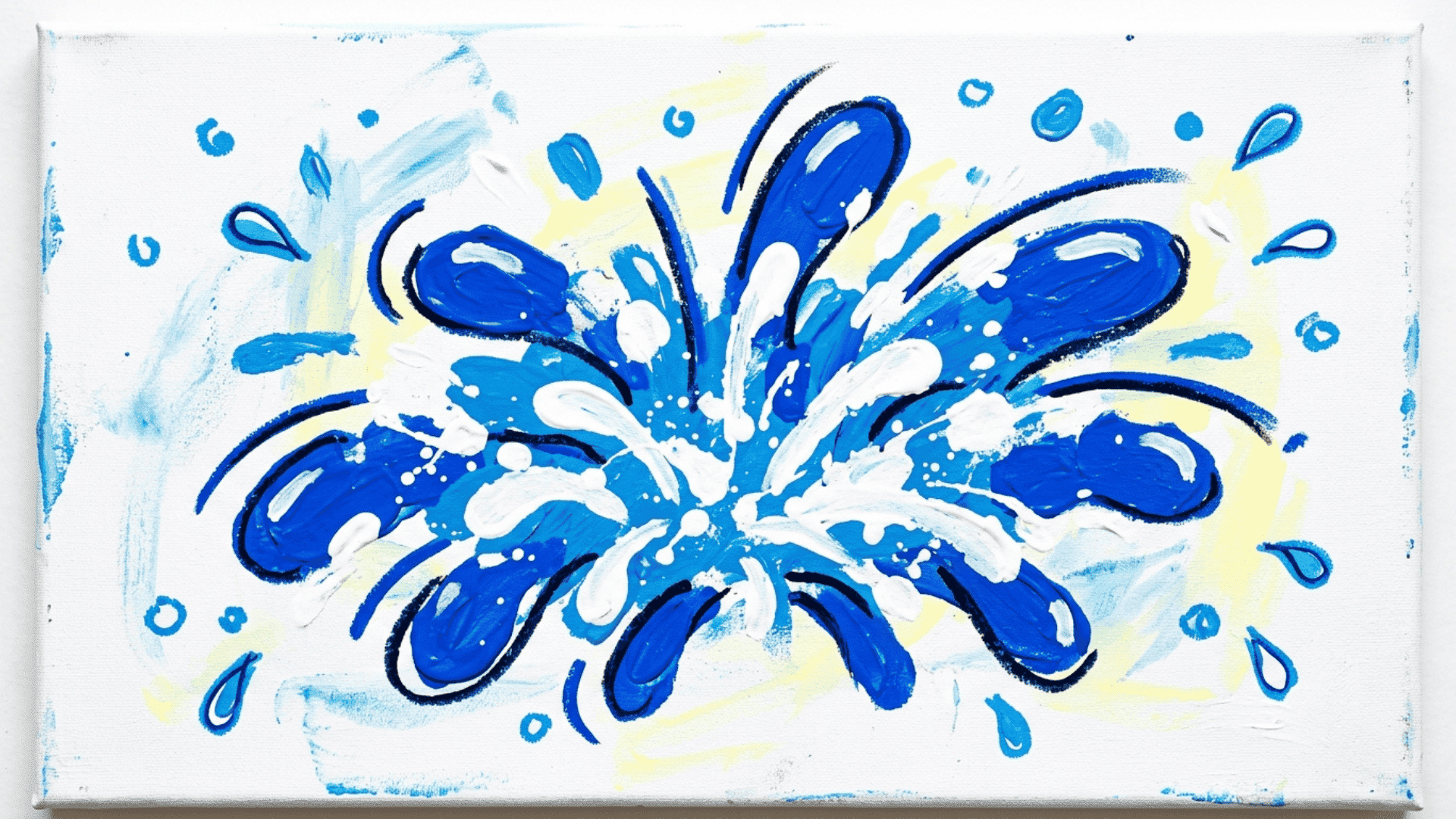 water splash kids drawing with bold blue and white curved lines bursting outward painted on a white canvas for summer drawing ideas