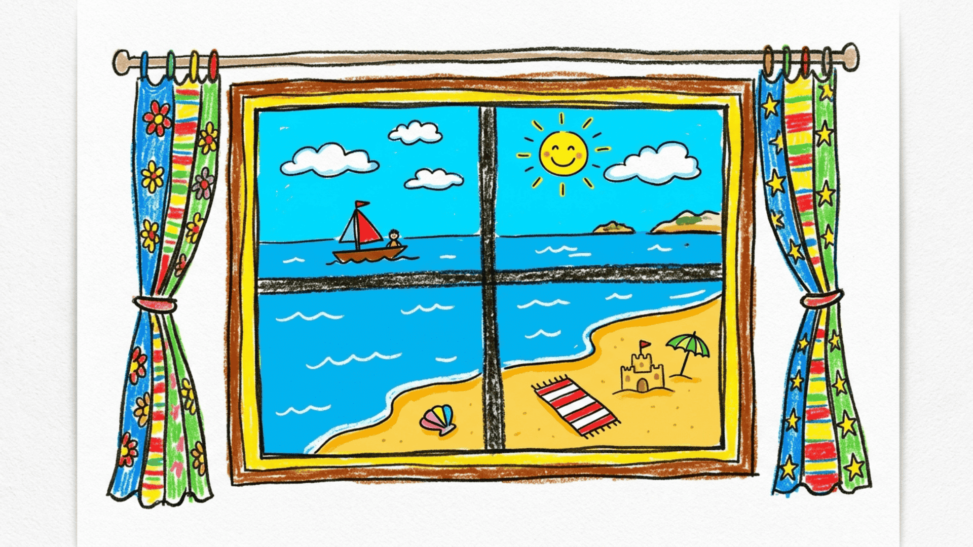 window view facing beach kids drawing with bold rectangular frame simple curtains and colorful coastal scene painted on a white canvas for summer art