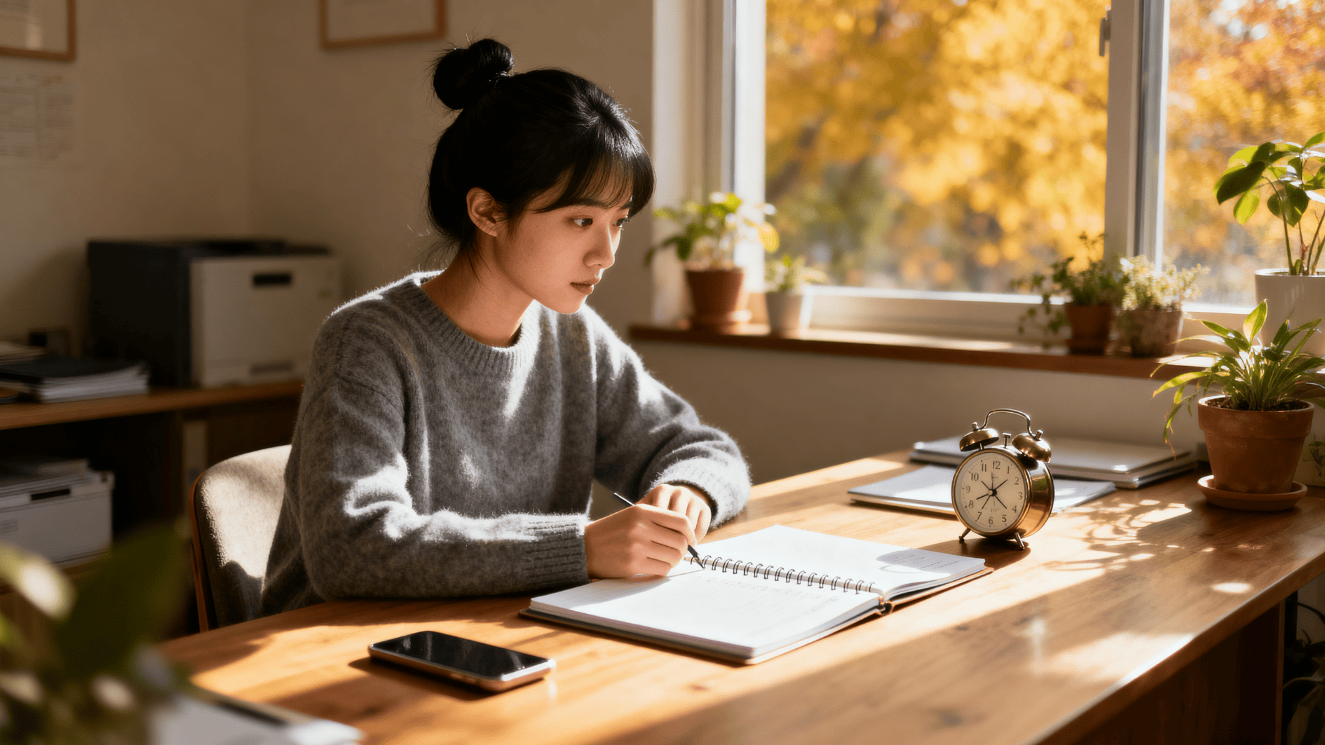 woman sits at desk writing in notebook near window, focusing on productivity, time management, and maintaining personal boundaries