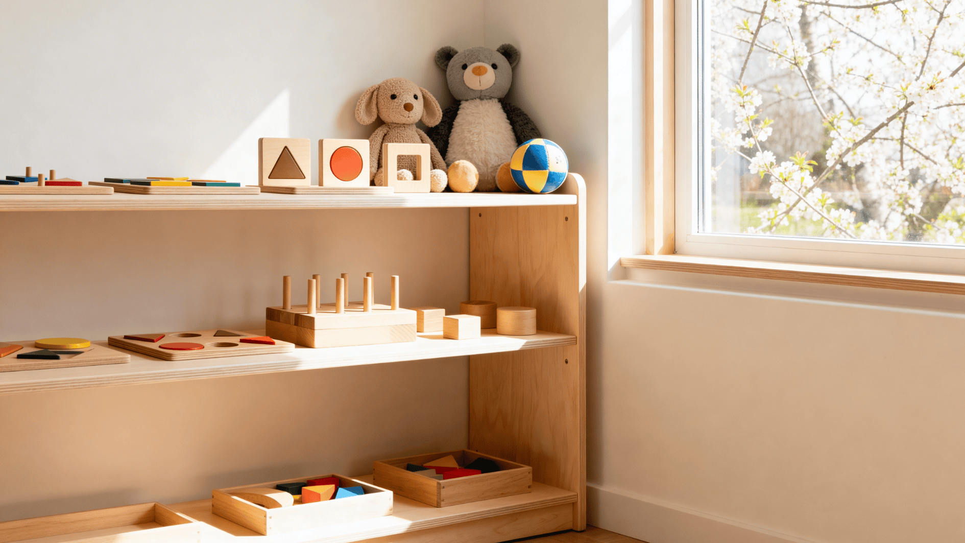 wooden shelves with toys and stuffed animals by a bright window, calm montessori-style playroom setting
