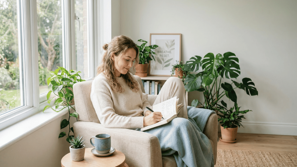 young adult journaling in a calm cozy space with plants and soft sunlight for mental health awareness