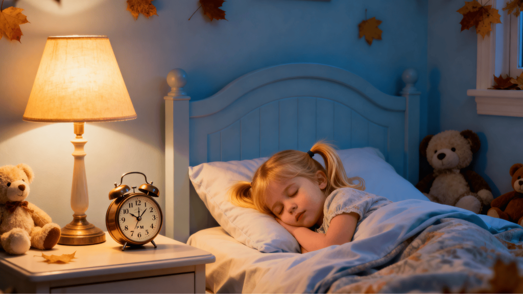 young child asleep in crib with moon lamp and clock showing 730pm, calm blue nighttime bedroom setting