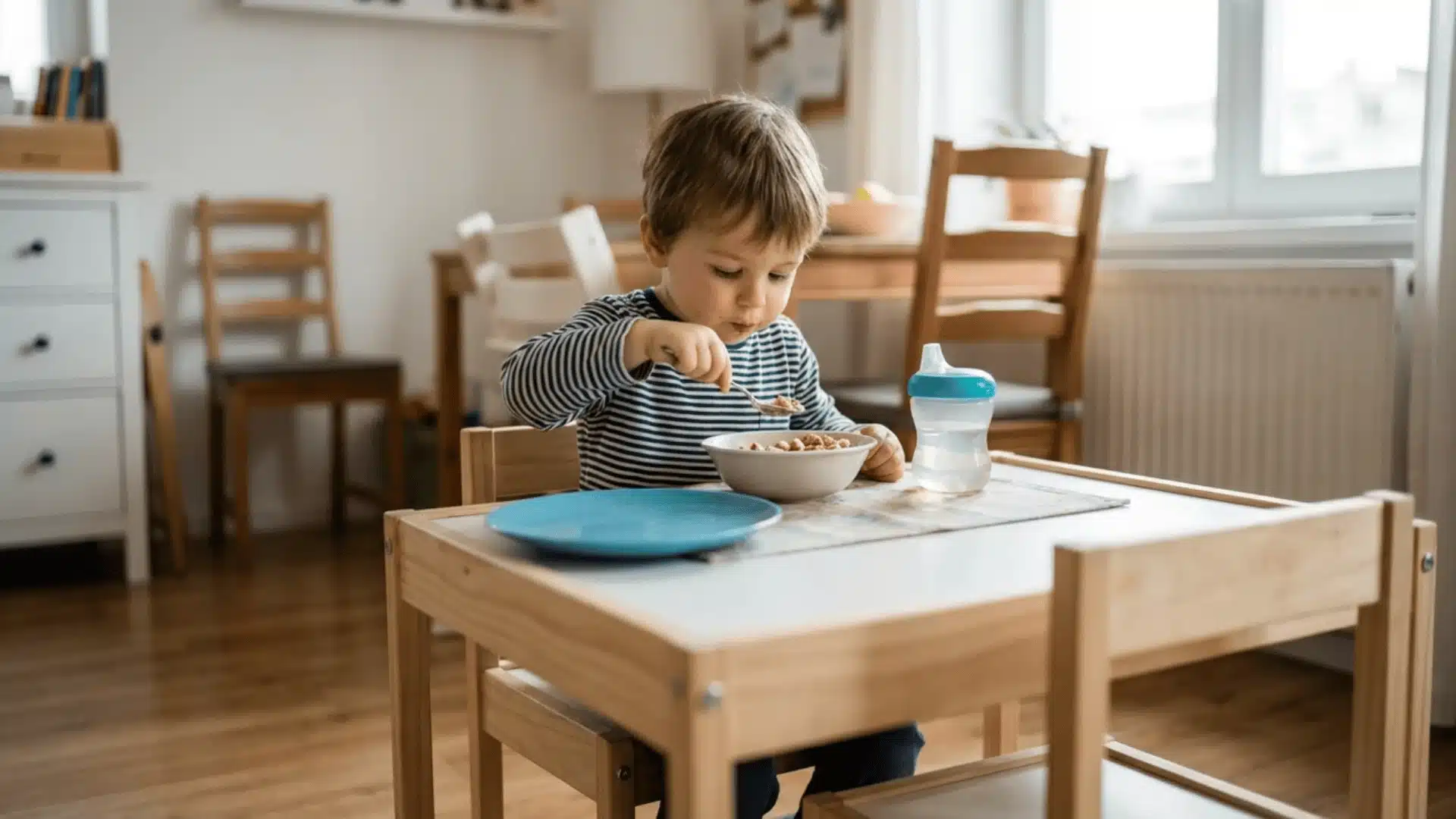 young child eating food with a spoon at a small table