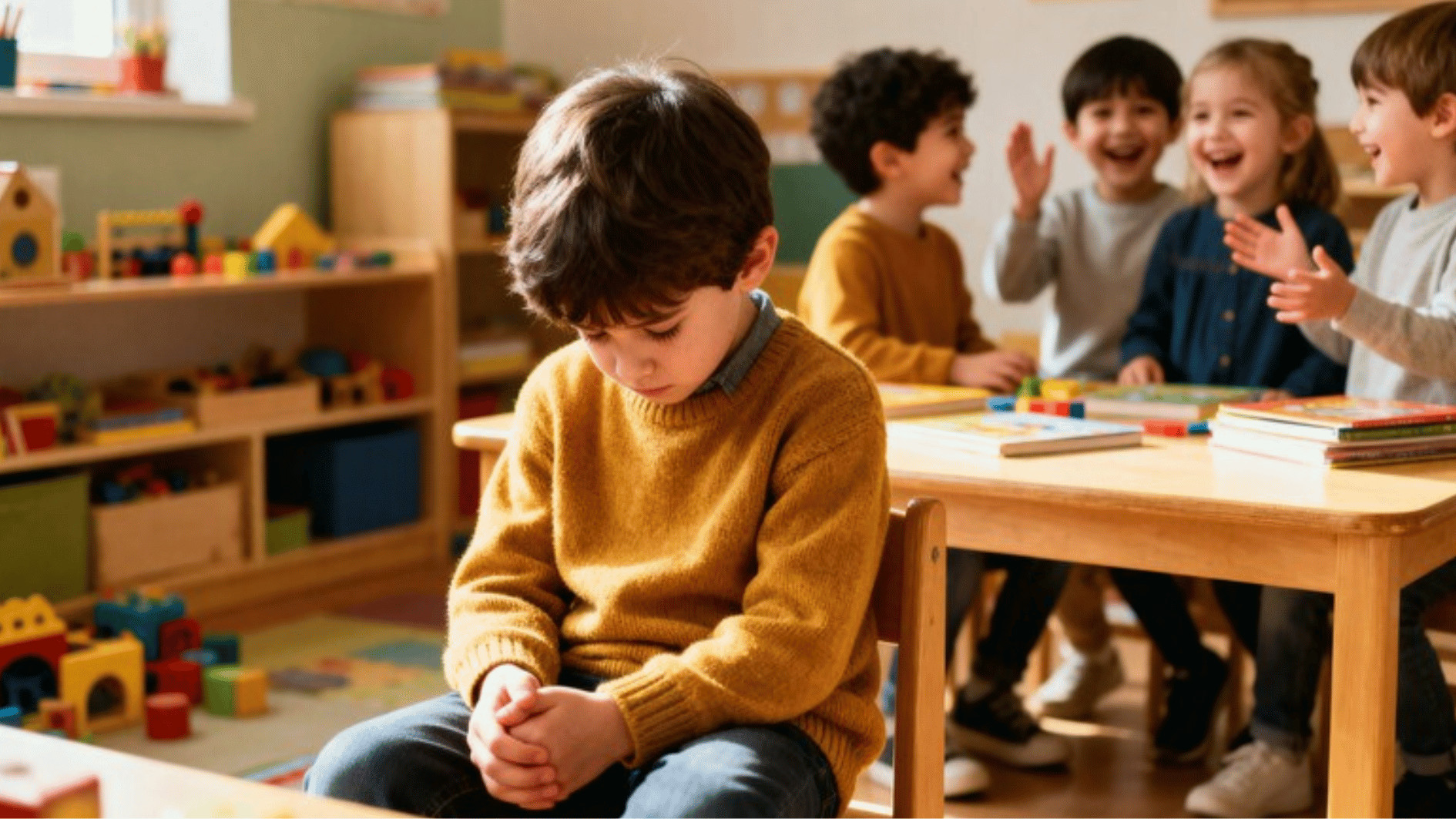 young child sitting alone looking sad while other kids play and laugh in classroom, highlighting social challenges and emotional development