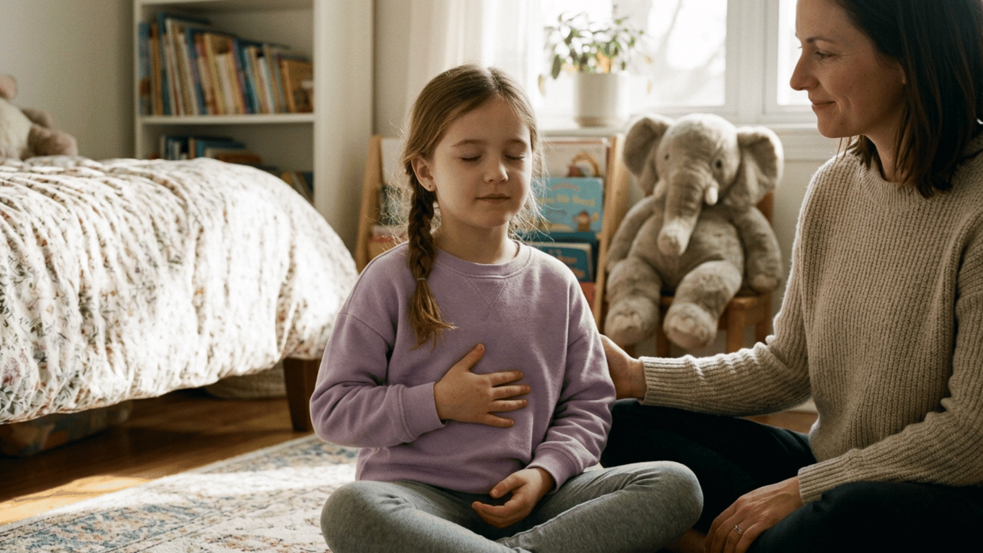 young girl doing deep belly breathing exercise with parent support.