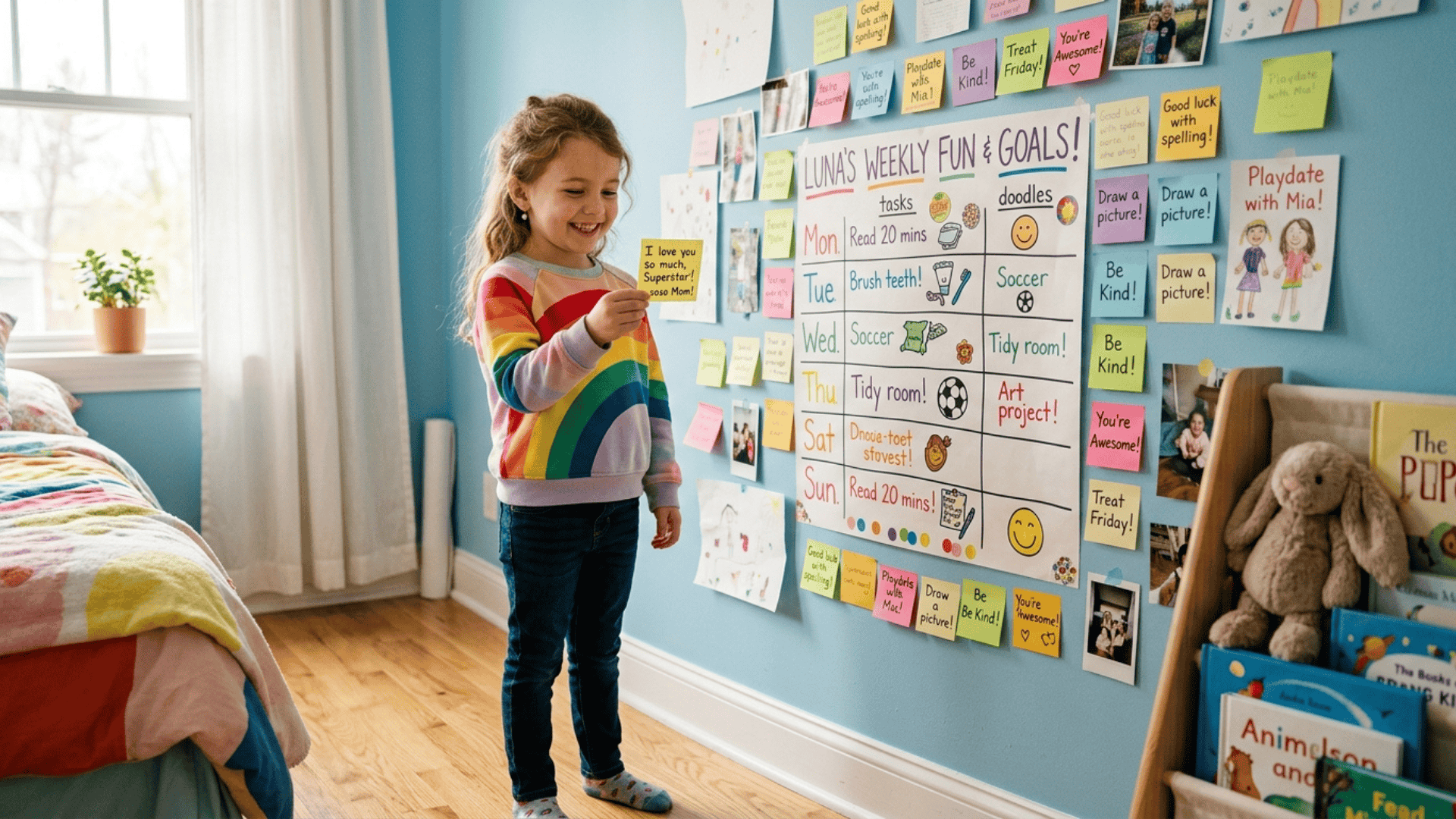 young girl reading an affirmation sticky note in her bedroom surrounded by a colorful wall of notes and weekly goal charts