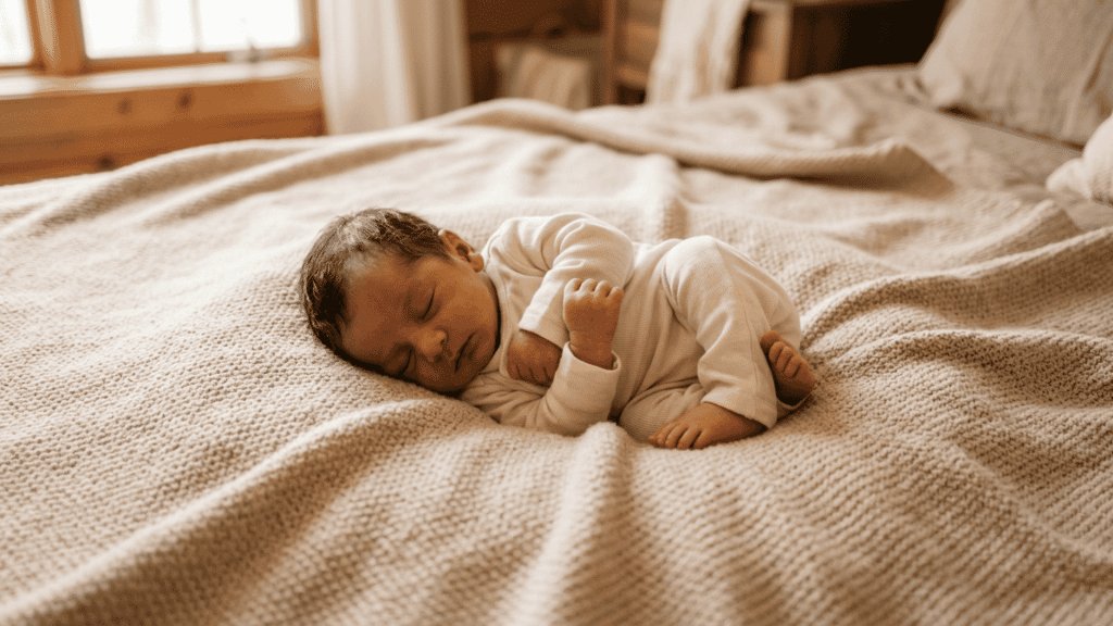 2 to 3 week old olive skinned newborn in center of large beige blanket with both arms folded inward fists on chest and knees drawn up tightly