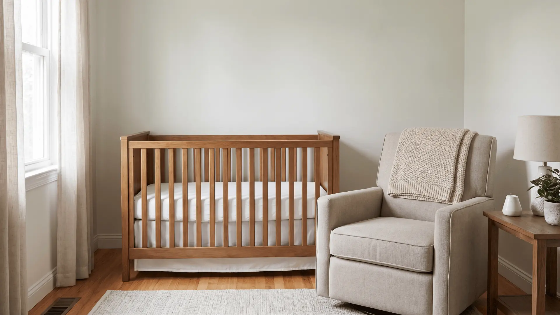 Folded blanket on chair next to empty crib
