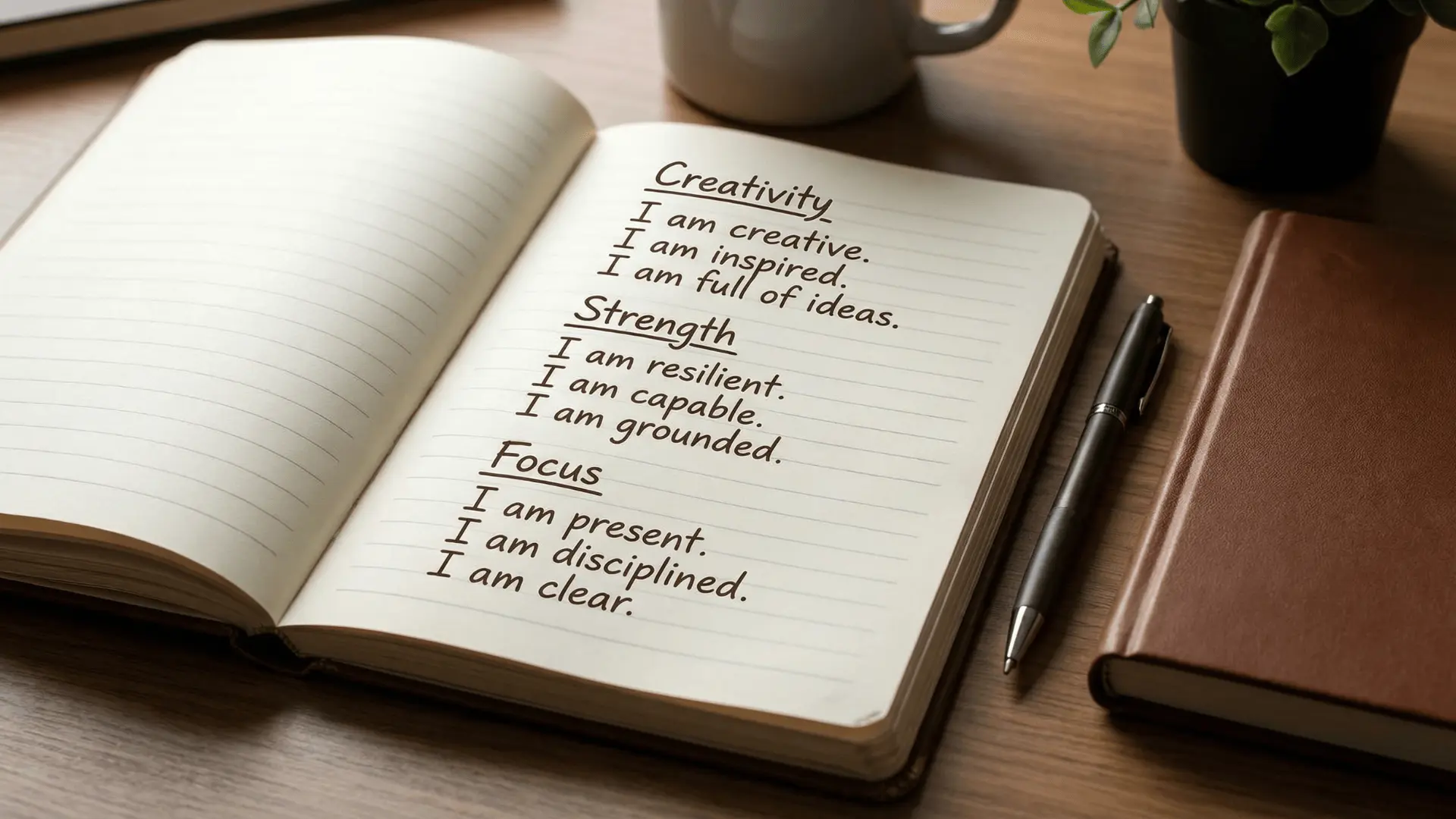 Notebook page with grouped “I am” affirmations written in sections on a desk with pen and notebook nearby