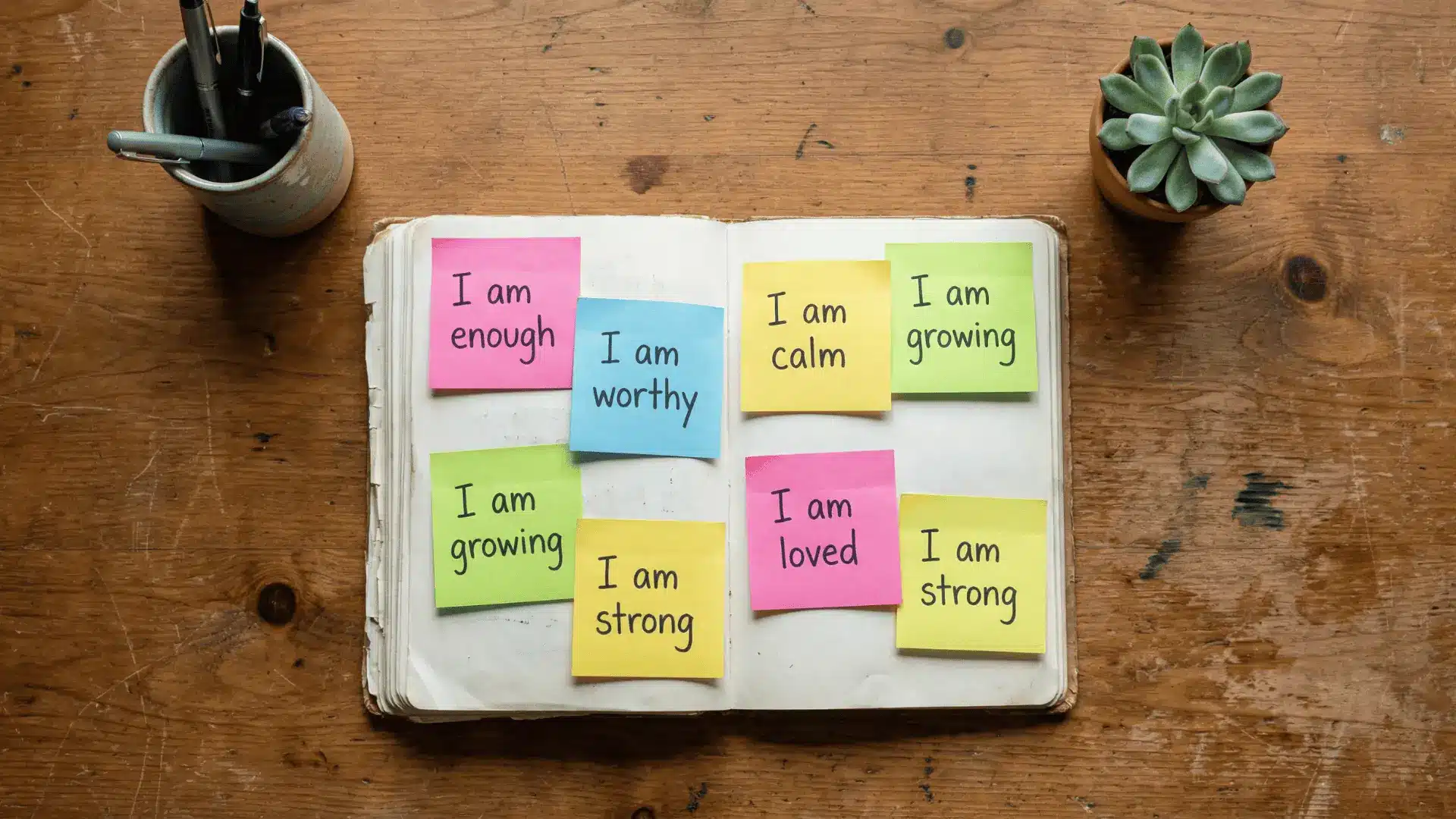 Open notebook with colorful sticky notes showing “I am” affirmations on a wooden desk with plant and pens nearby