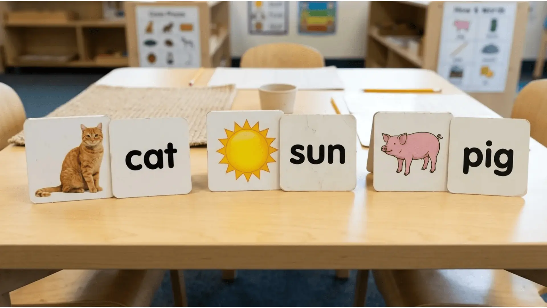 Picture cards of cat, sun, and pig matched with CVC word cards on a classroom table.