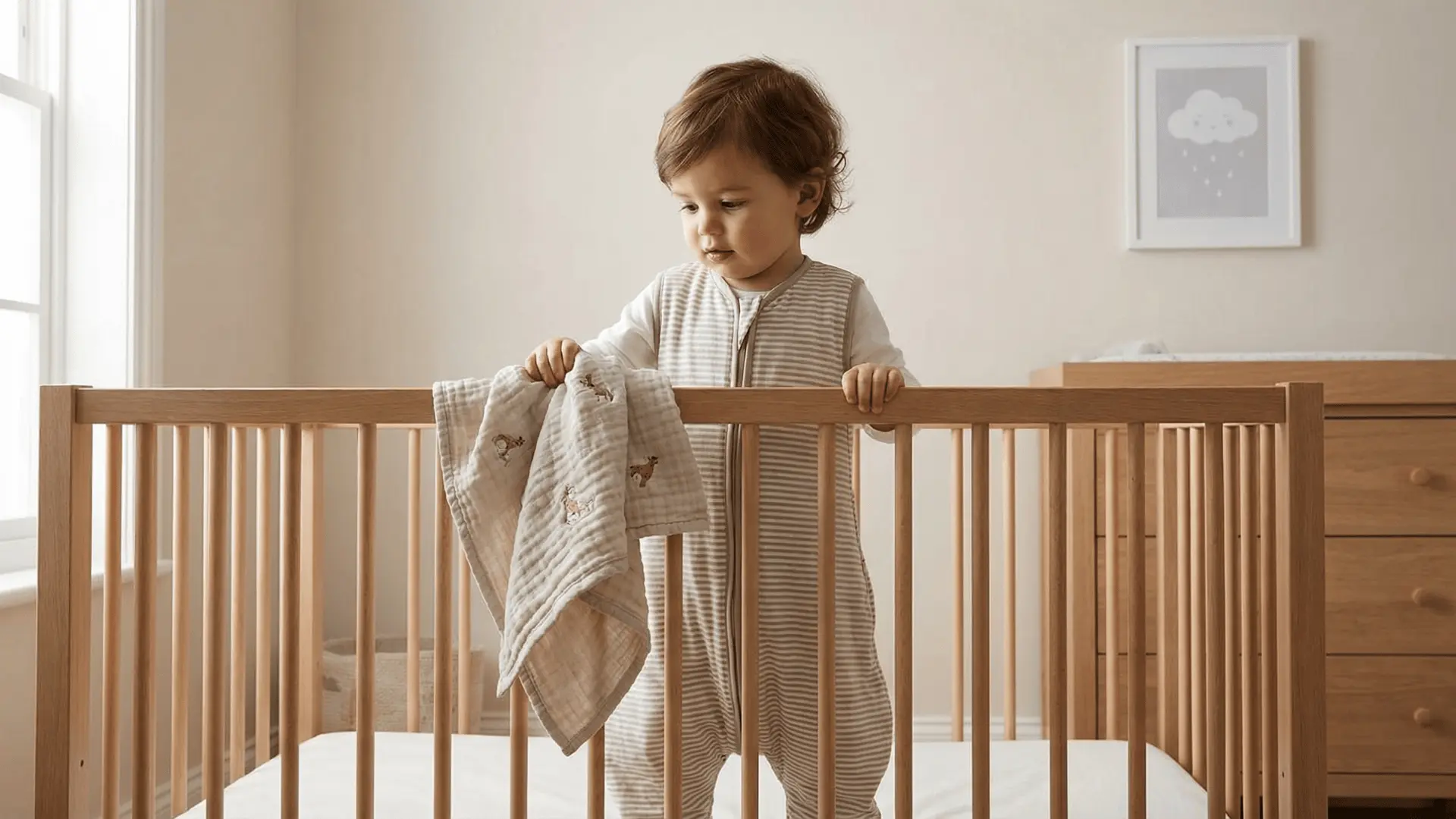 Toddler standing in crib holding a small blanket